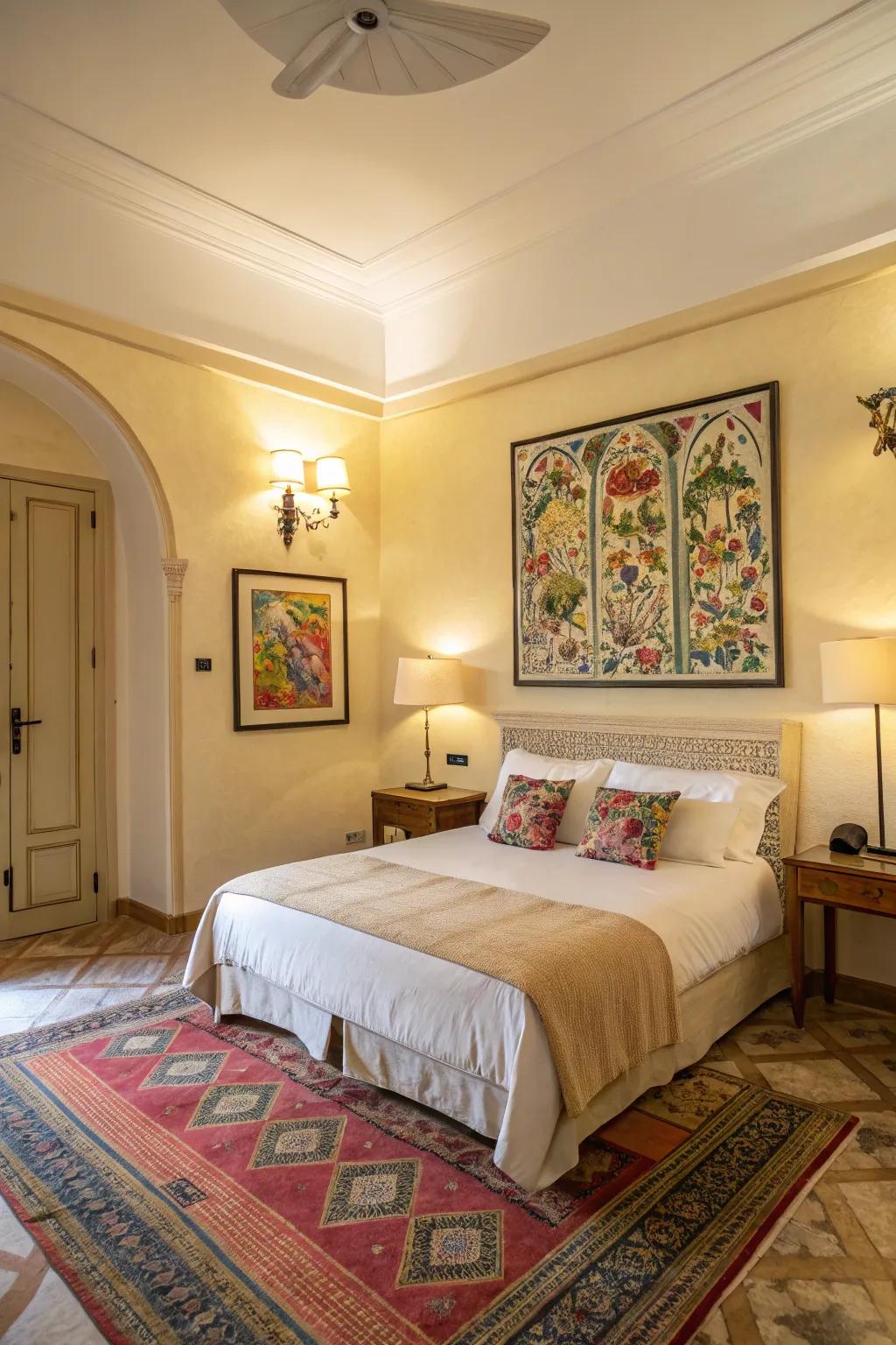 Colorful artwork adding personality to a cream bedroom