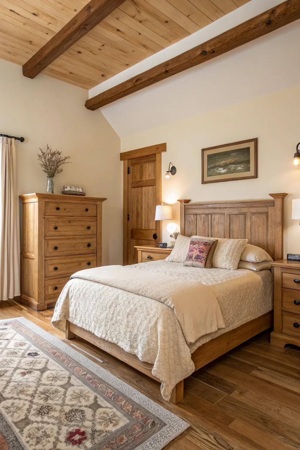 Wood accents adding warmth to a cream bedroom