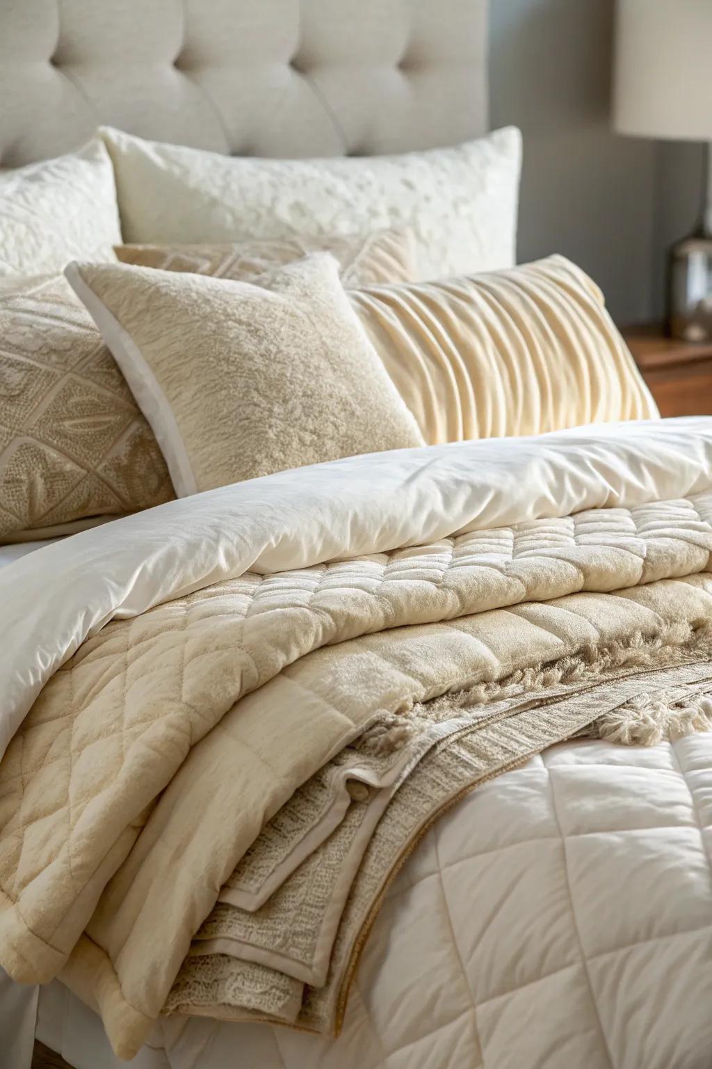 Layered cream bedding creating rich texture