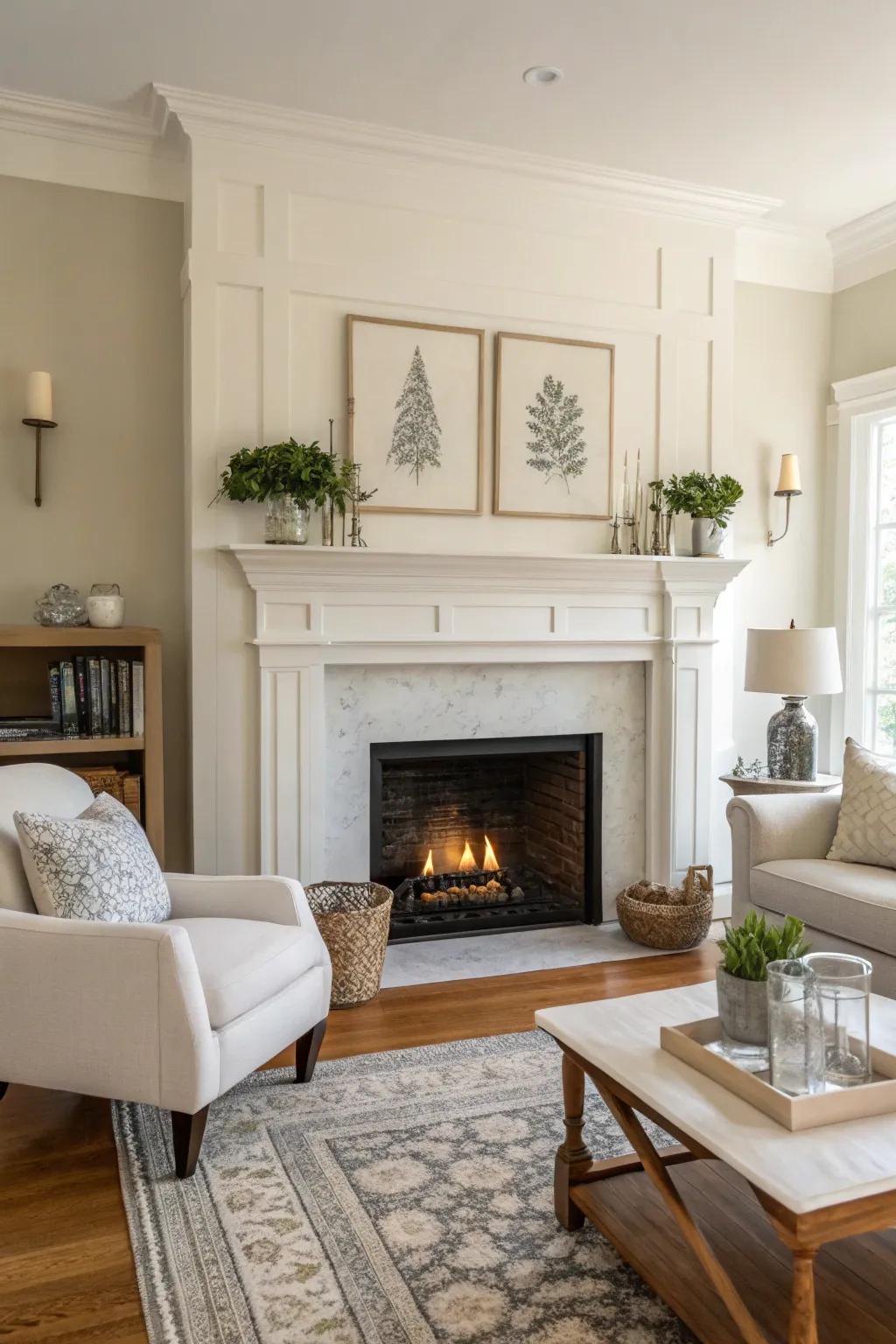 Classic white fireplace exuding elegance in a modern living room.