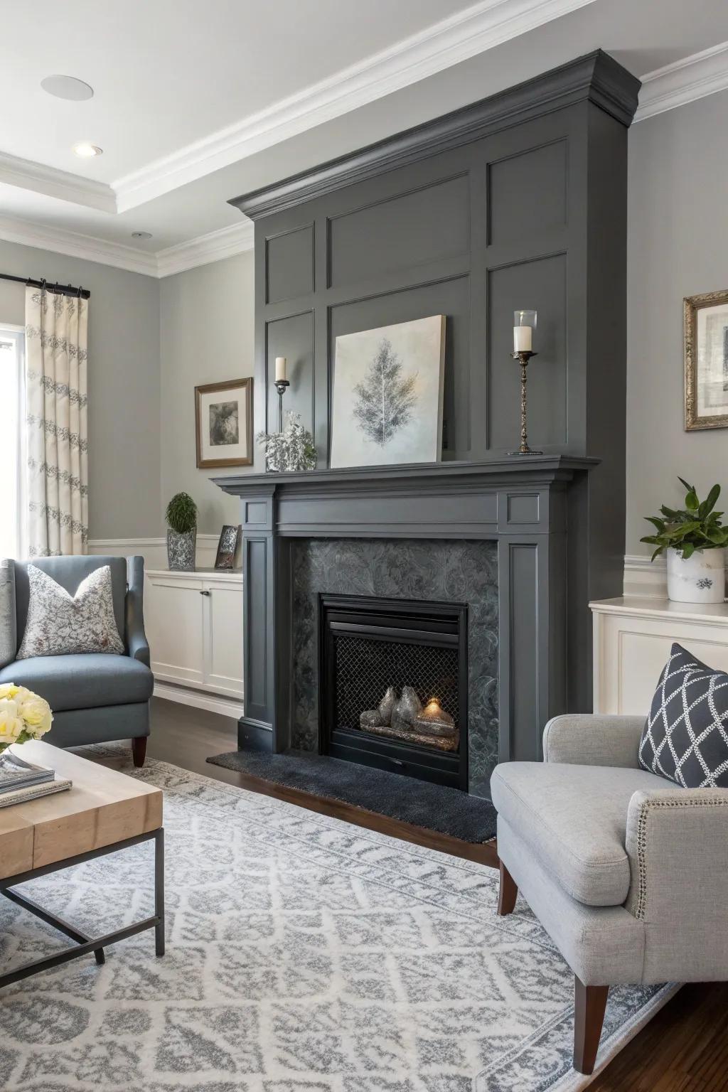 Sleek charcoal gray fireplace in a contemporary living space.
