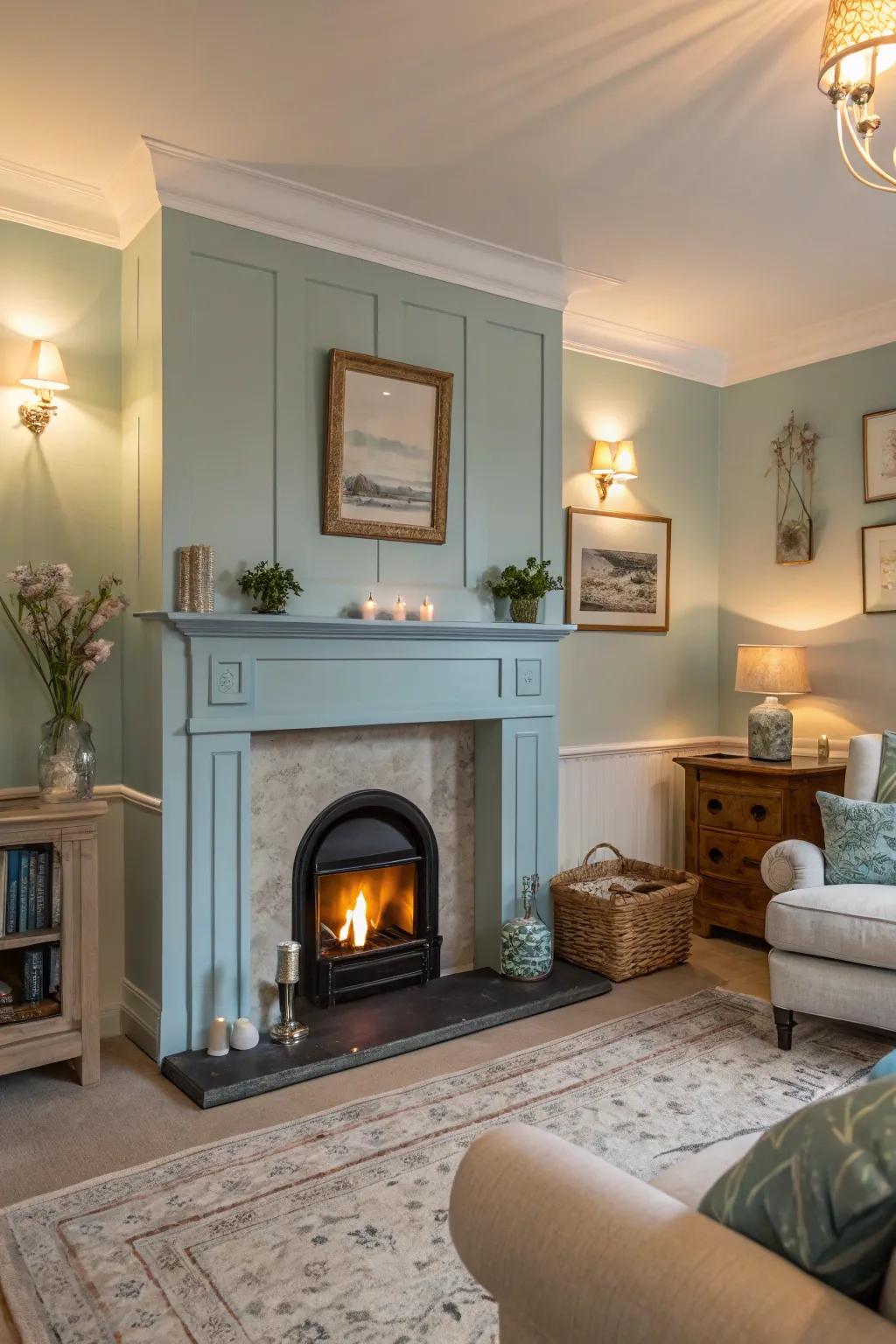 Light blue fireplace creating a peaceful atmosphere in the room.