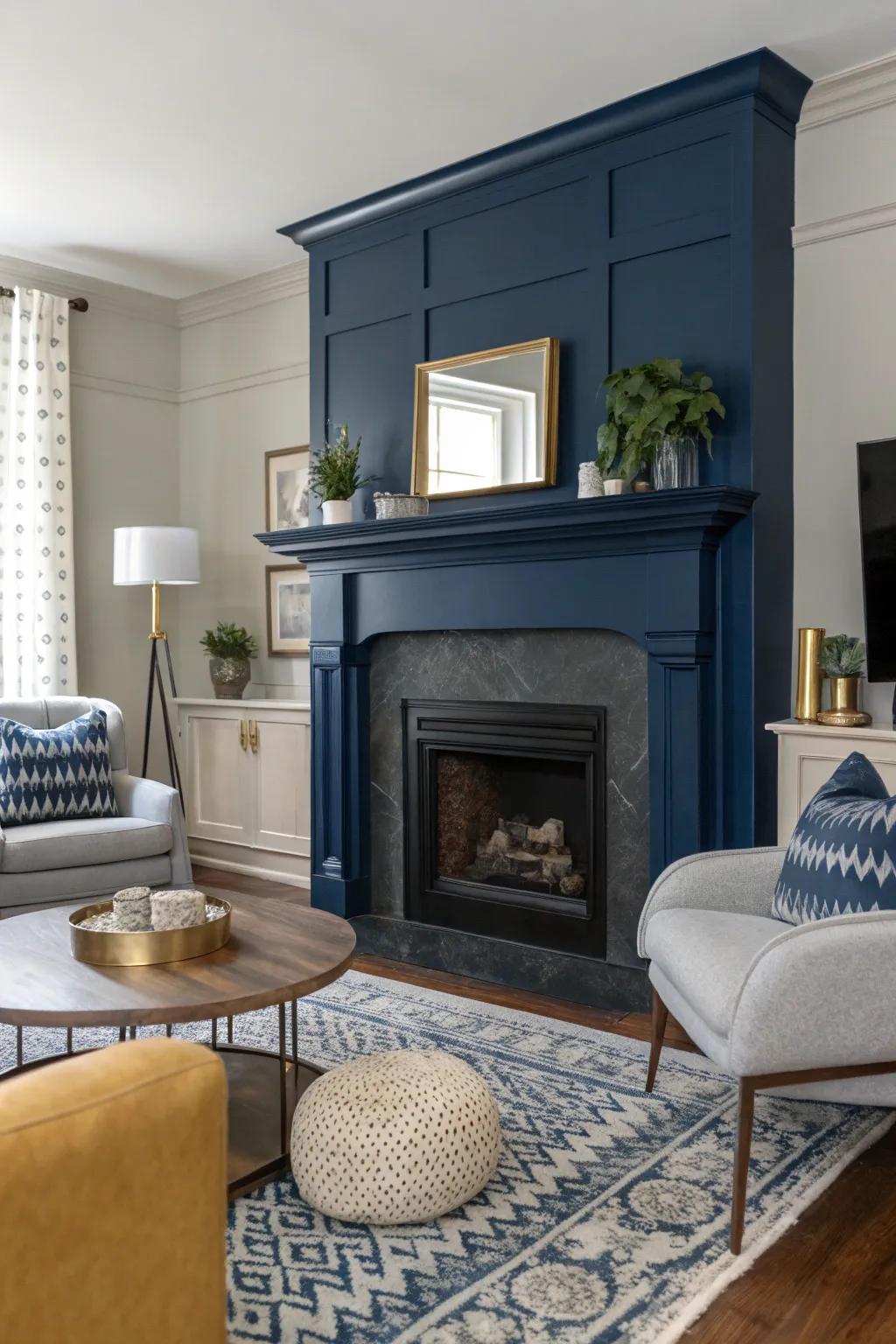 Navy blue fireplace as a striking centerpiece.