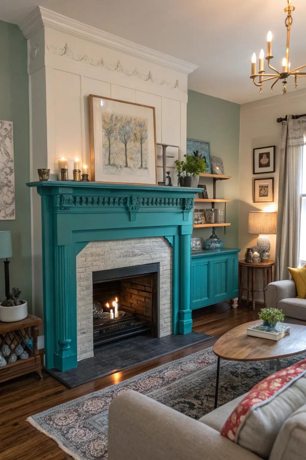 Moody teal fireplace as a creative focal point.