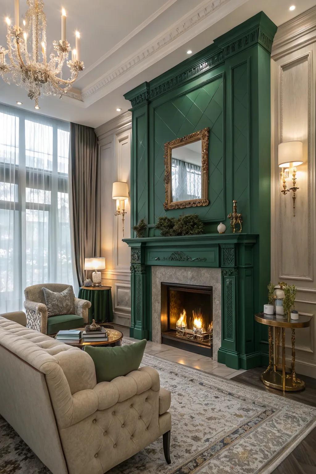 Emerald green fireplace creating a vibrant focal point.