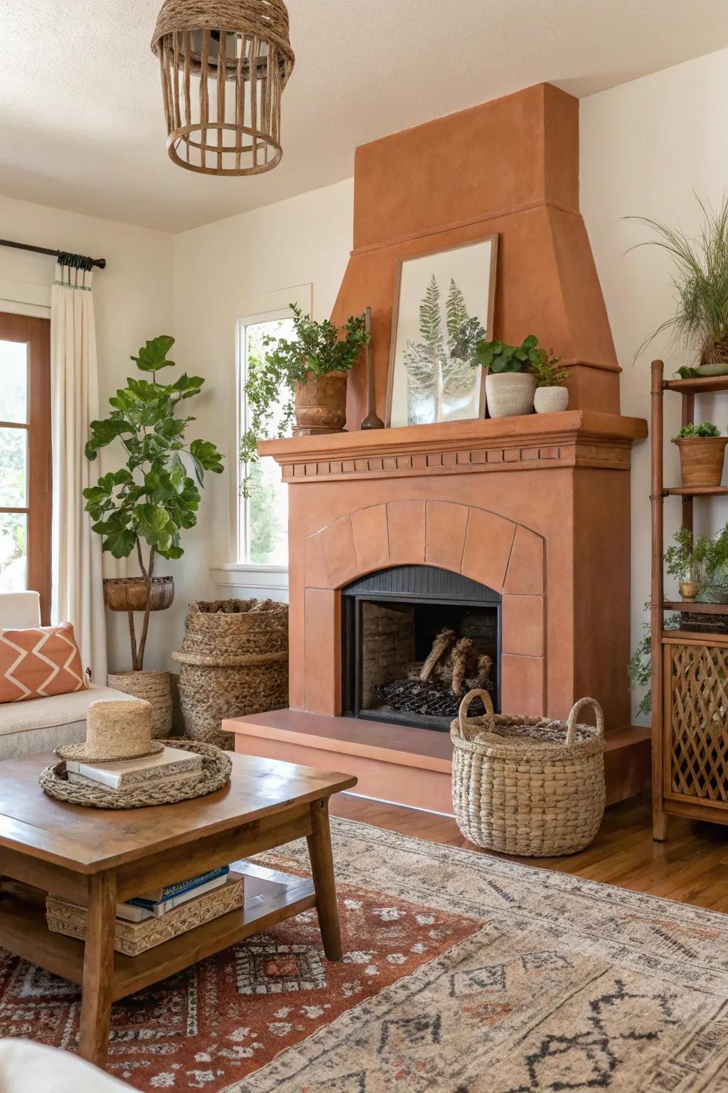 Terracotta fireplace adding warmth and natural charm.