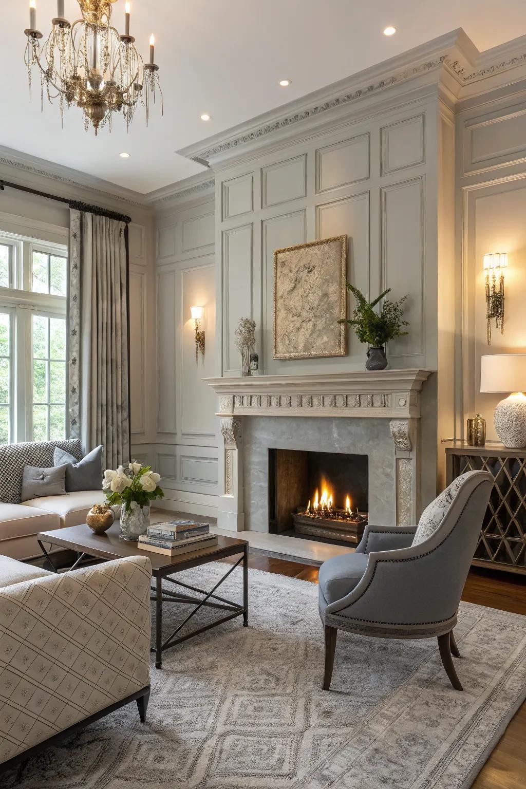 Subtle gray fireplace enhancing room elegance.