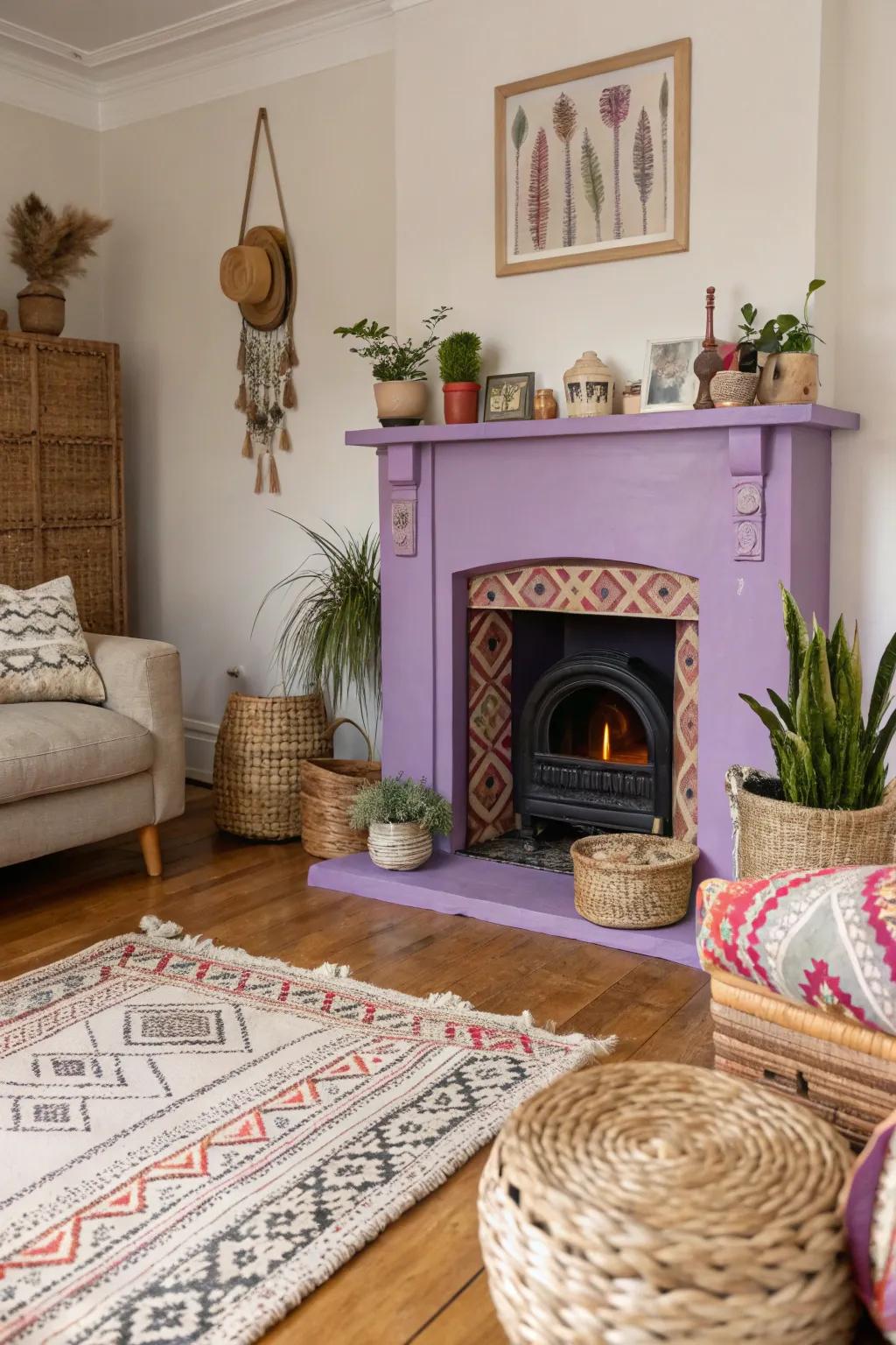 Lavender fireplace adding a playful, bohemian vibe.