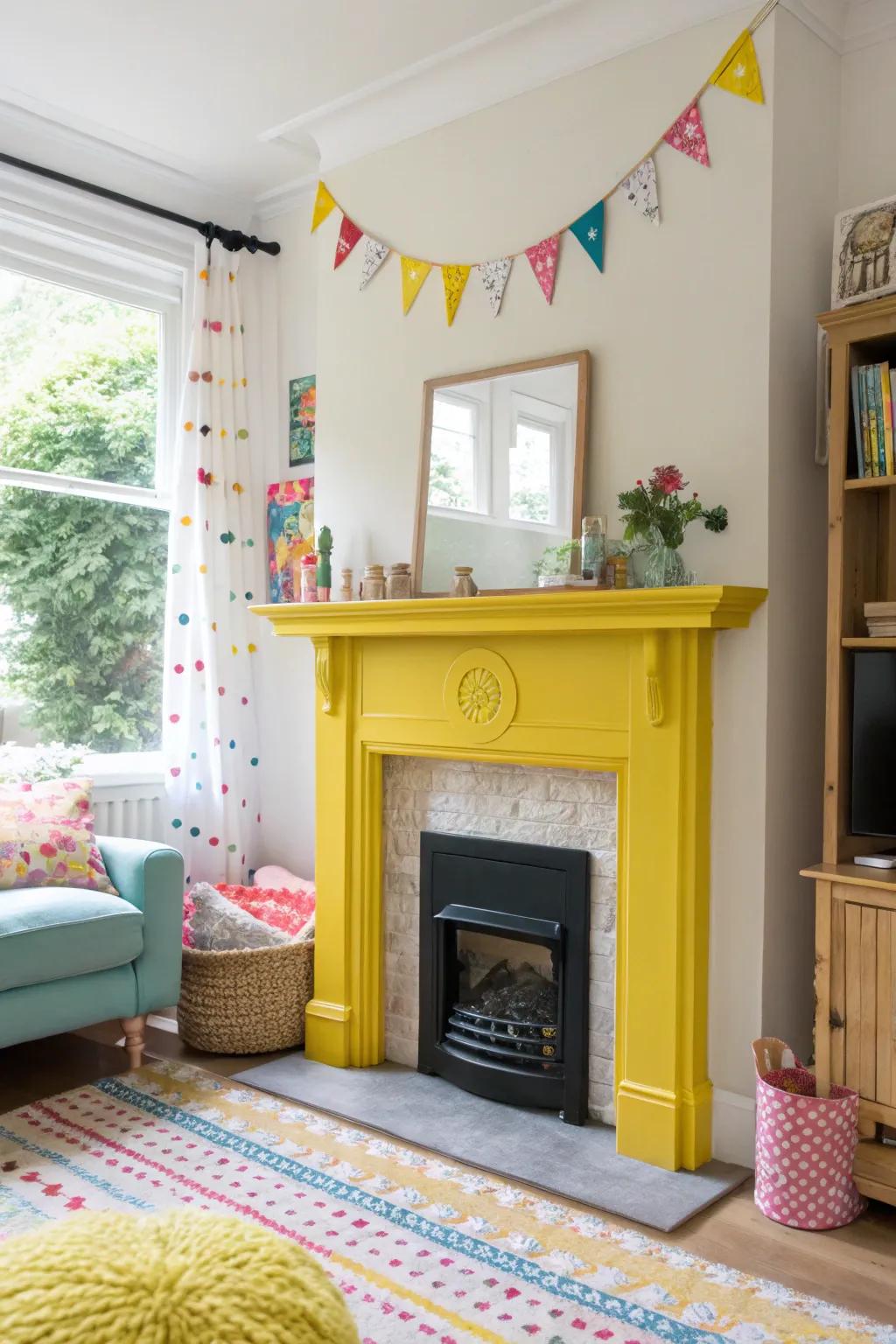 Sunny yellow fireplace brightening the room.
