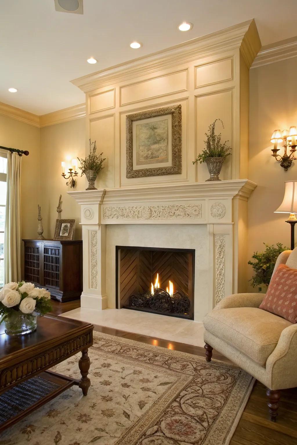 Cream fireplace offering a warm, timeless centerpiece.