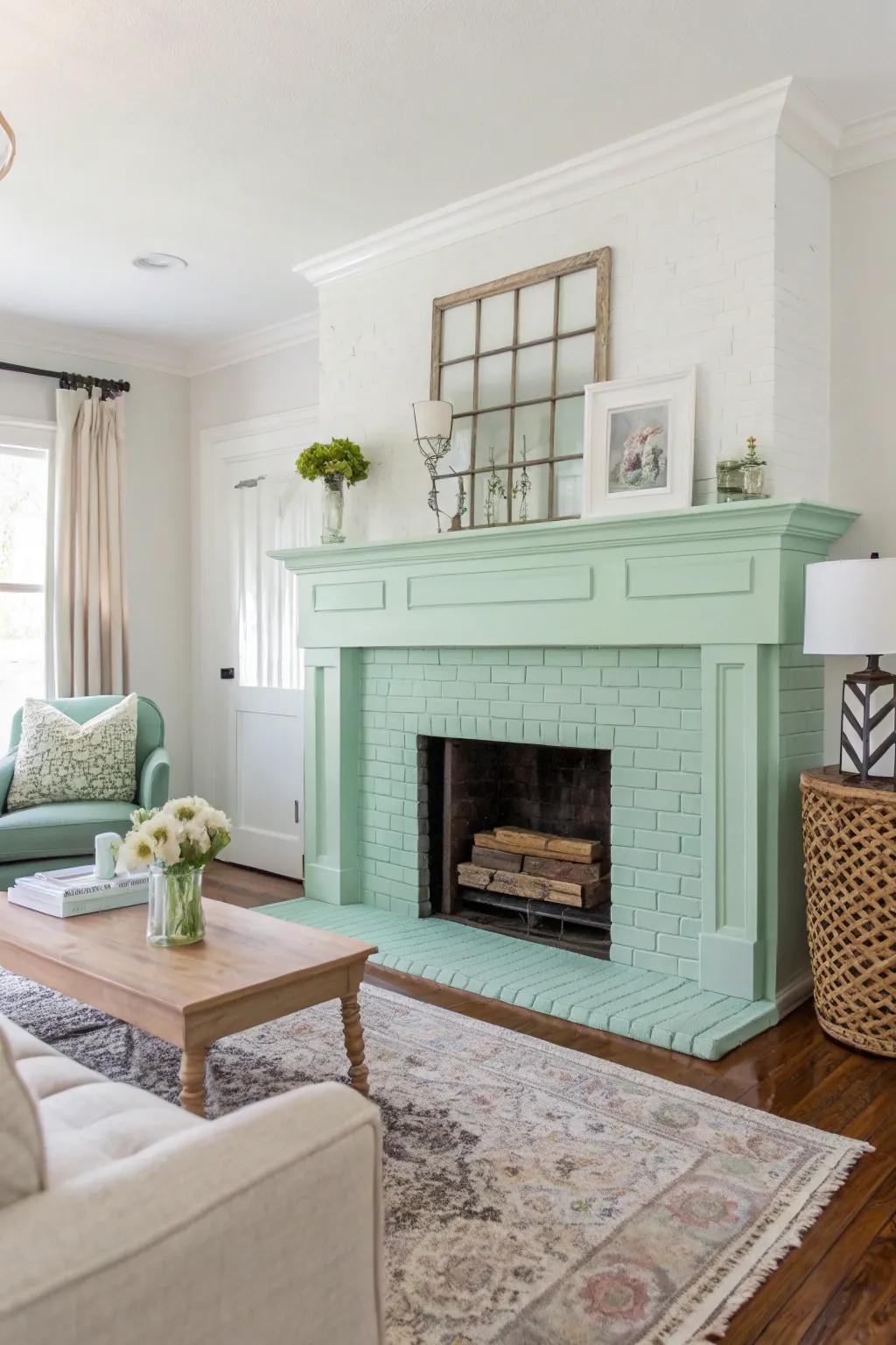 Mint green fireplace bringing freshness to the room.