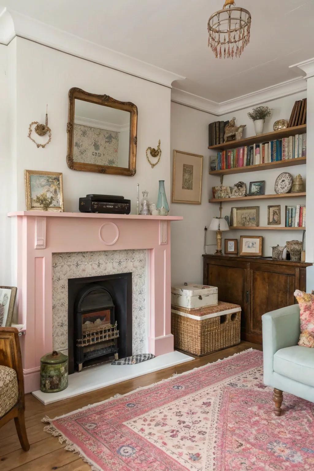Pastel pink fireplace adding a whimsical touch.