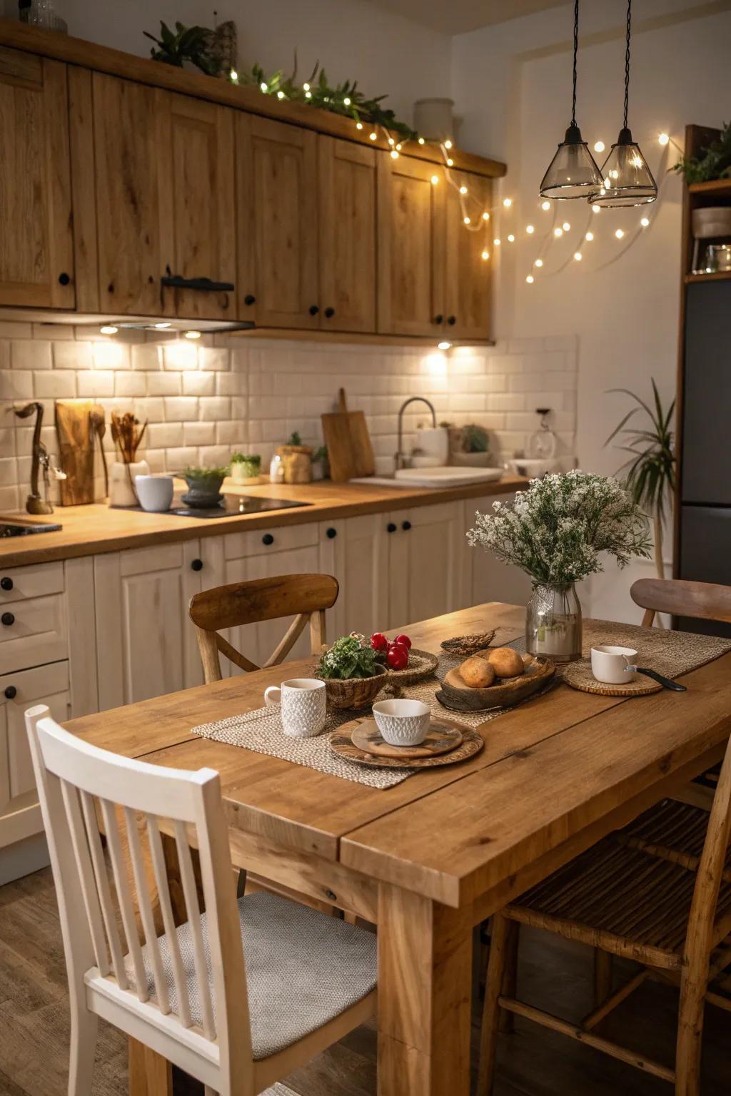 Wood accents bring warmth and rustic elegance.