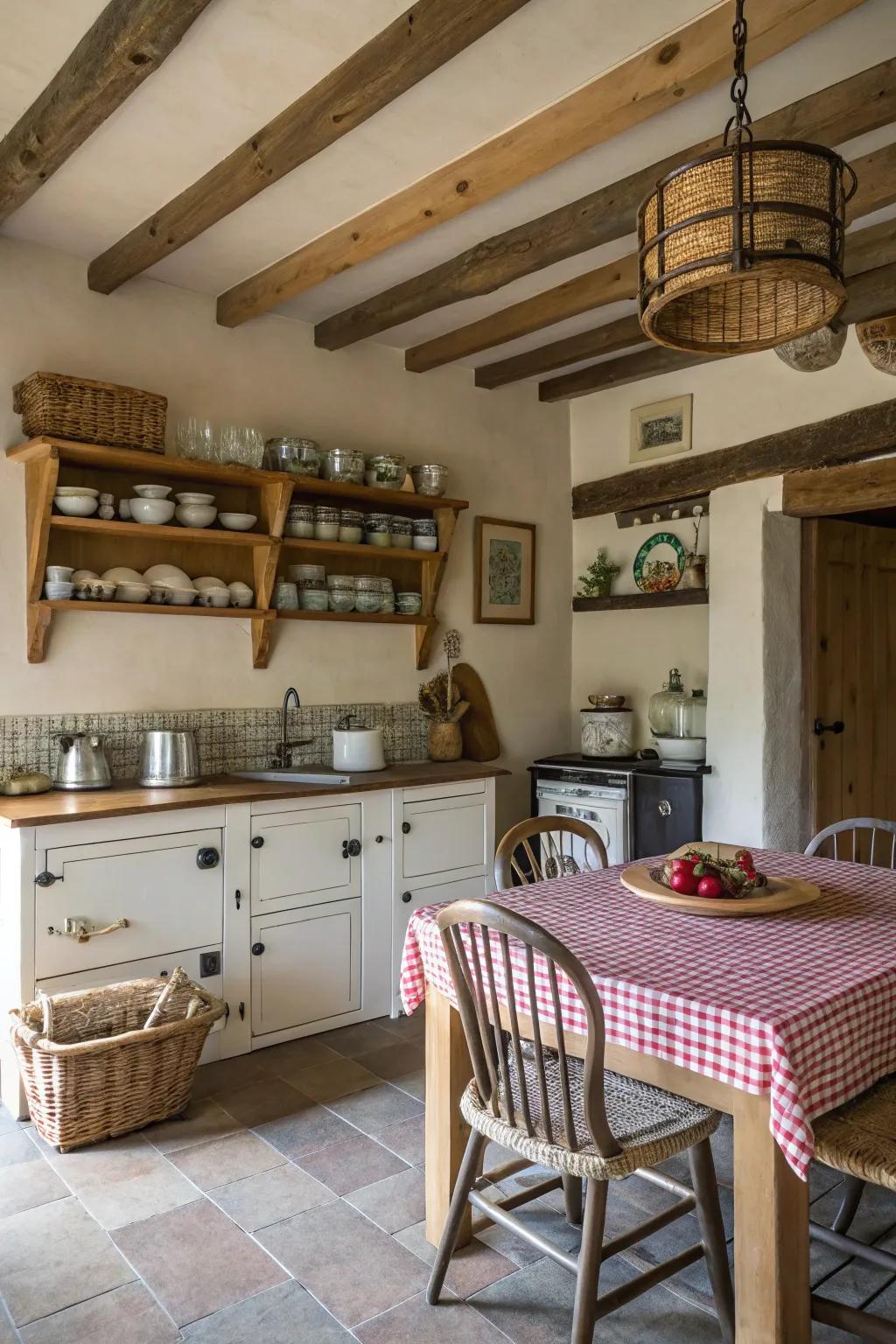 Exposed beams add architectural interest and rustic charm.