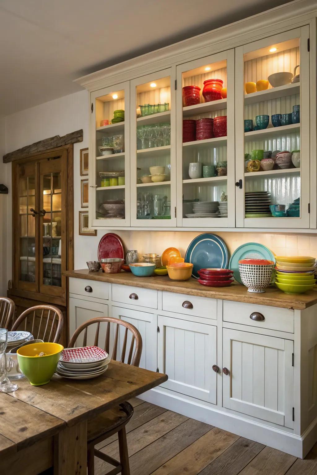 Glass doors keep cabinets open and stylish.