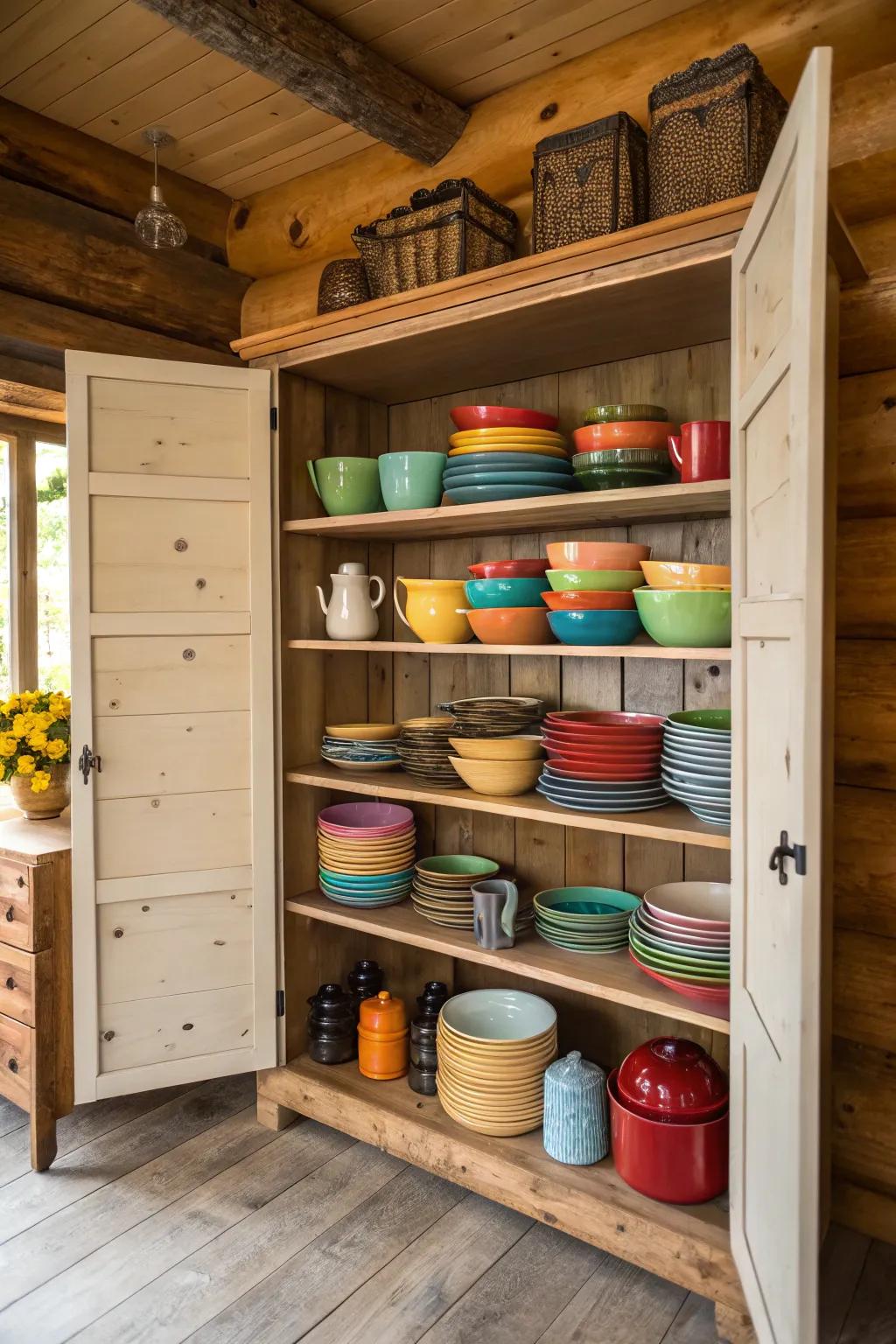 Open shelves display colorful dishes and add personality.