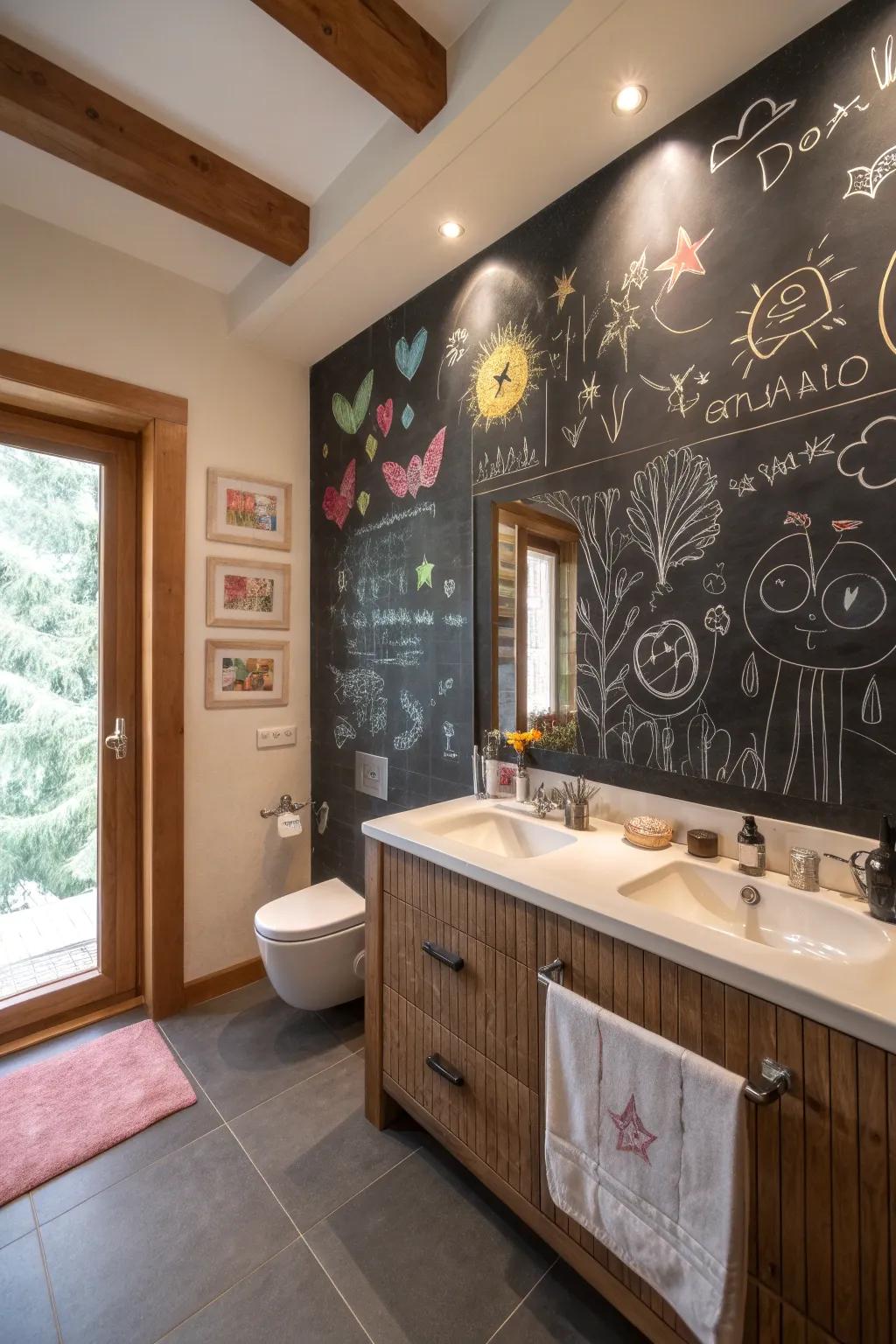 A bathroom wall painted with chalkboard paint for creative expression.
