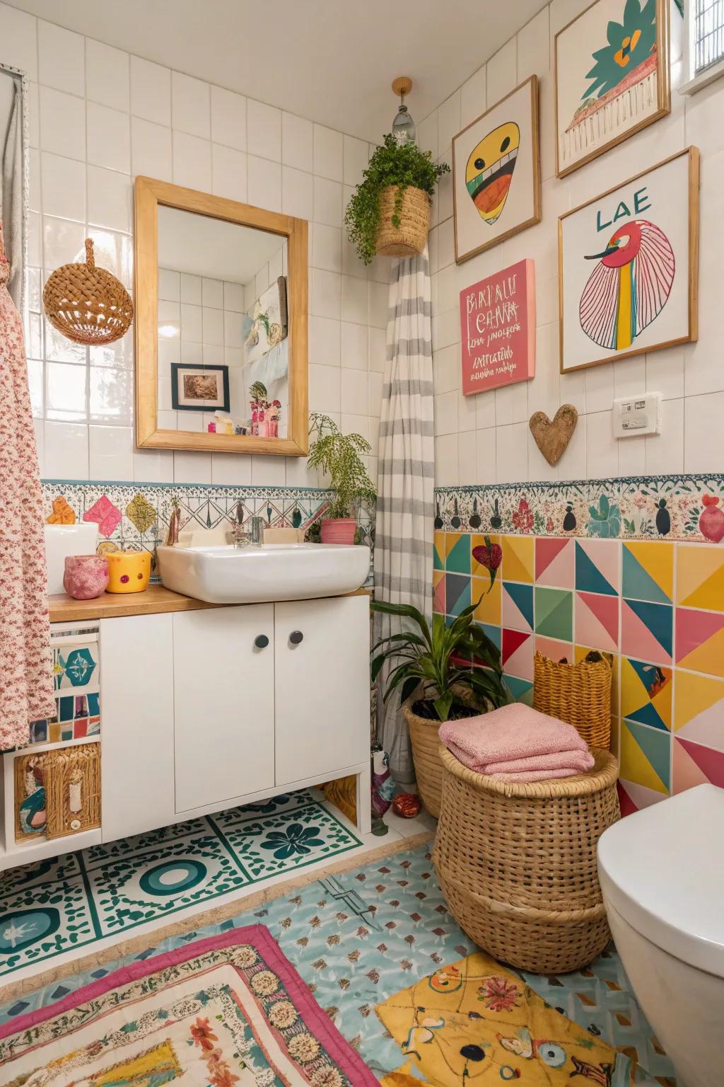 A bathroom featuring a blend of diverse decor styles for a unique look.
