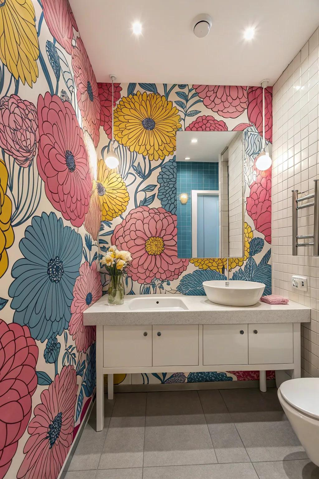 A bathroom adorned with vibrant floral wallpaper for a whimsical touch.