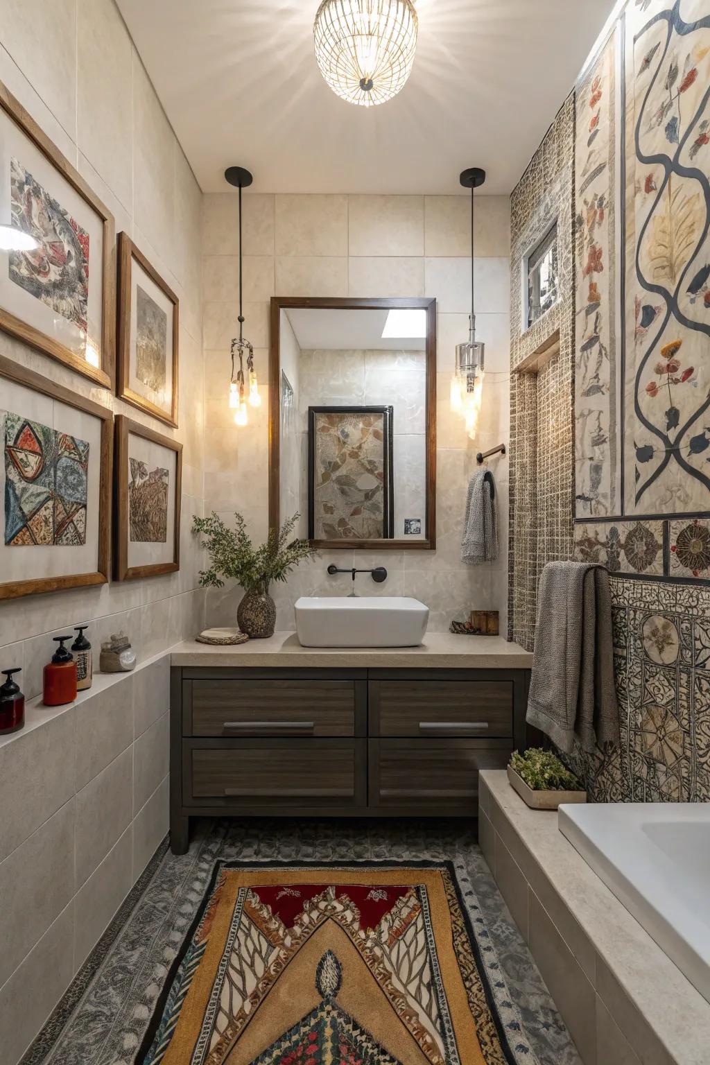 Art and decor that add character and charm to a bathroom.
