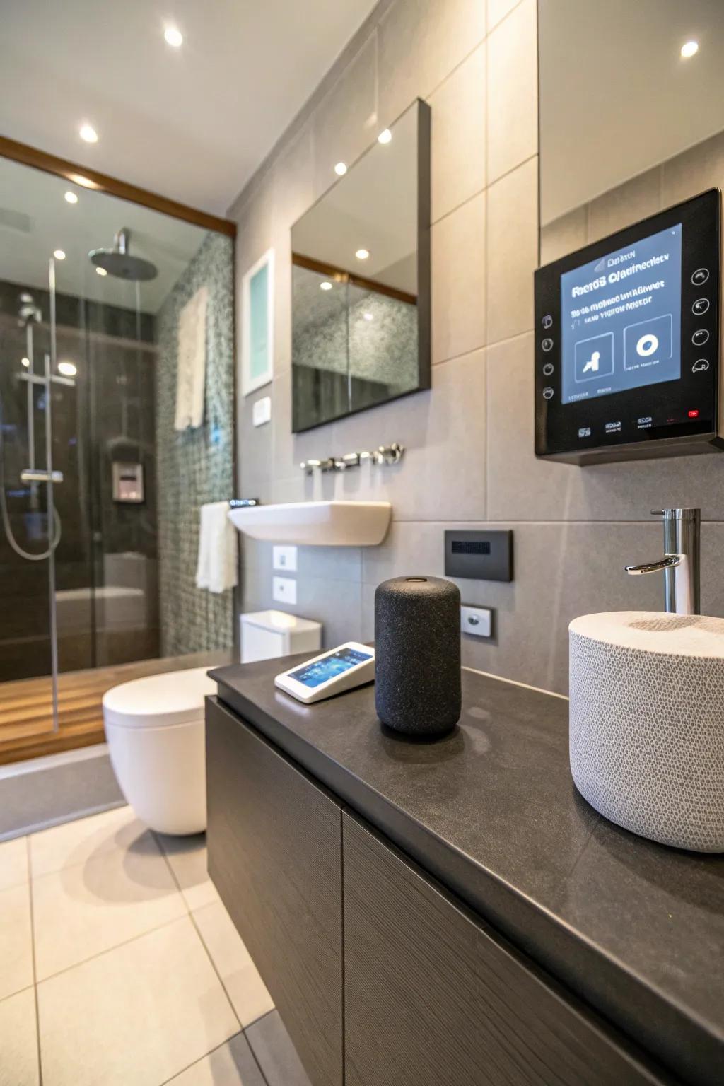 Interactive tech elements that enhance bathroom enjoyment.