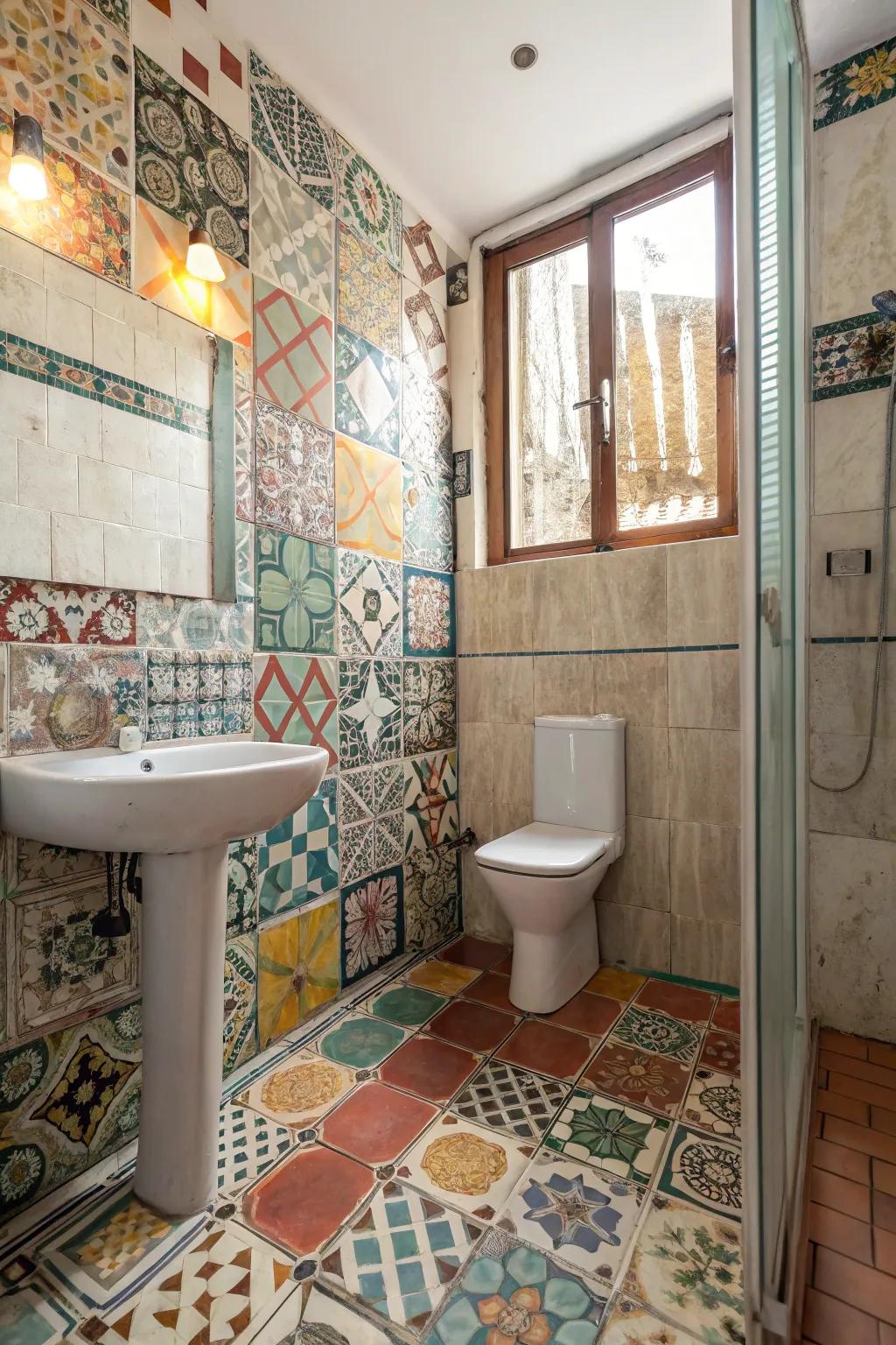 A bathroom featuring mismatched tiles for a distinctive look.