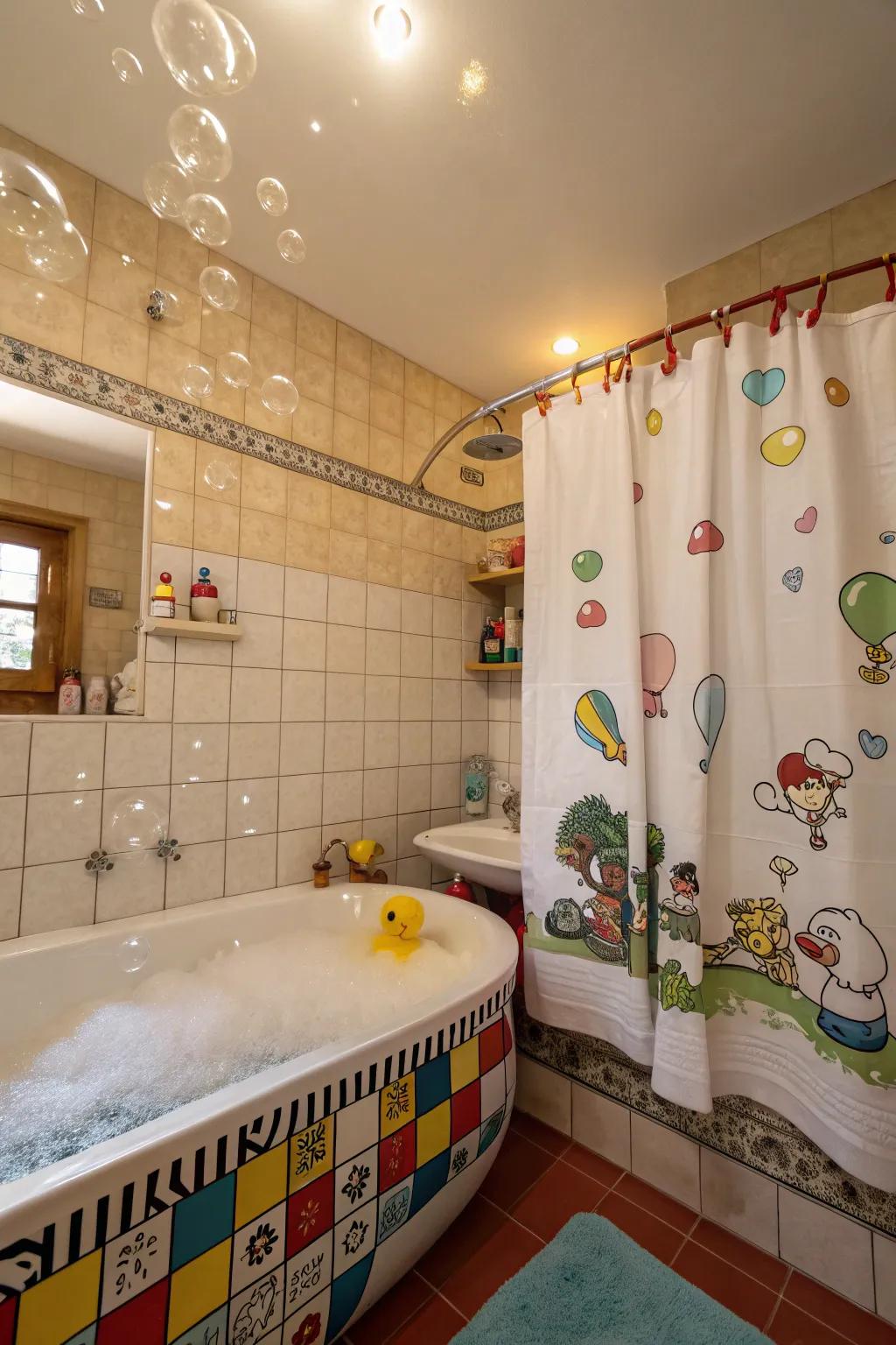 A bathroom decorated with a fun and whimsical theme.