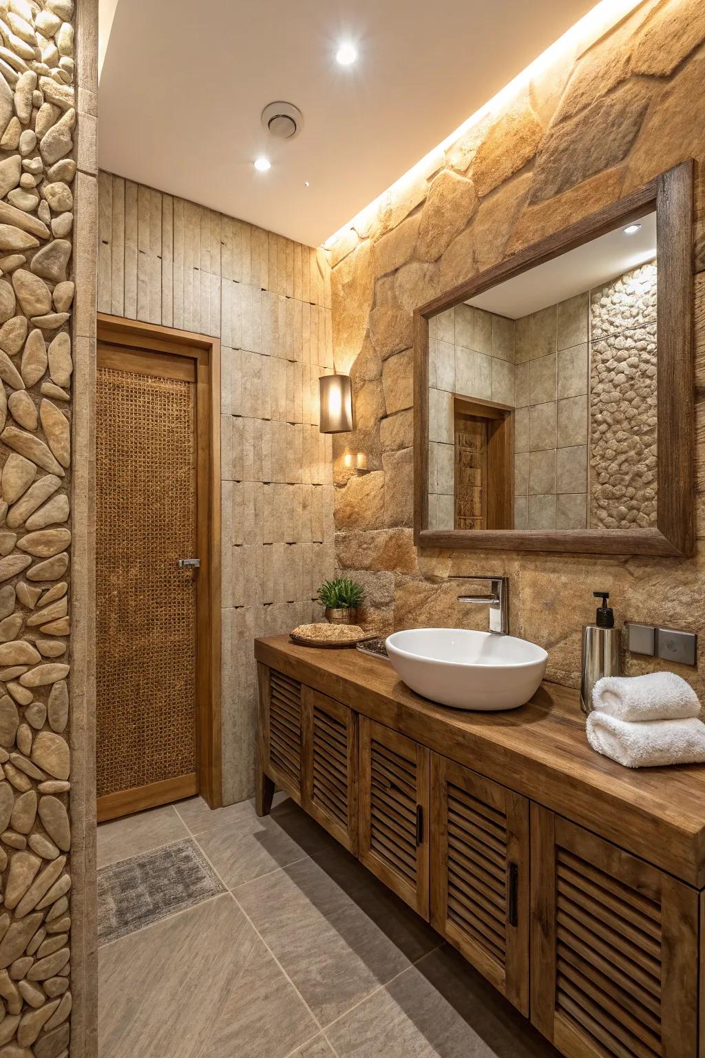 Textured walls that add warmth and dimension to bathrooms.