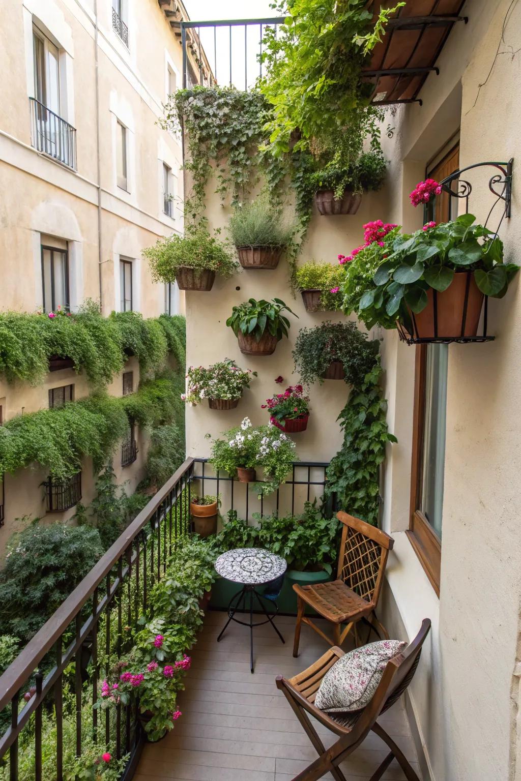Wall-mounted planters maximize vertical space.