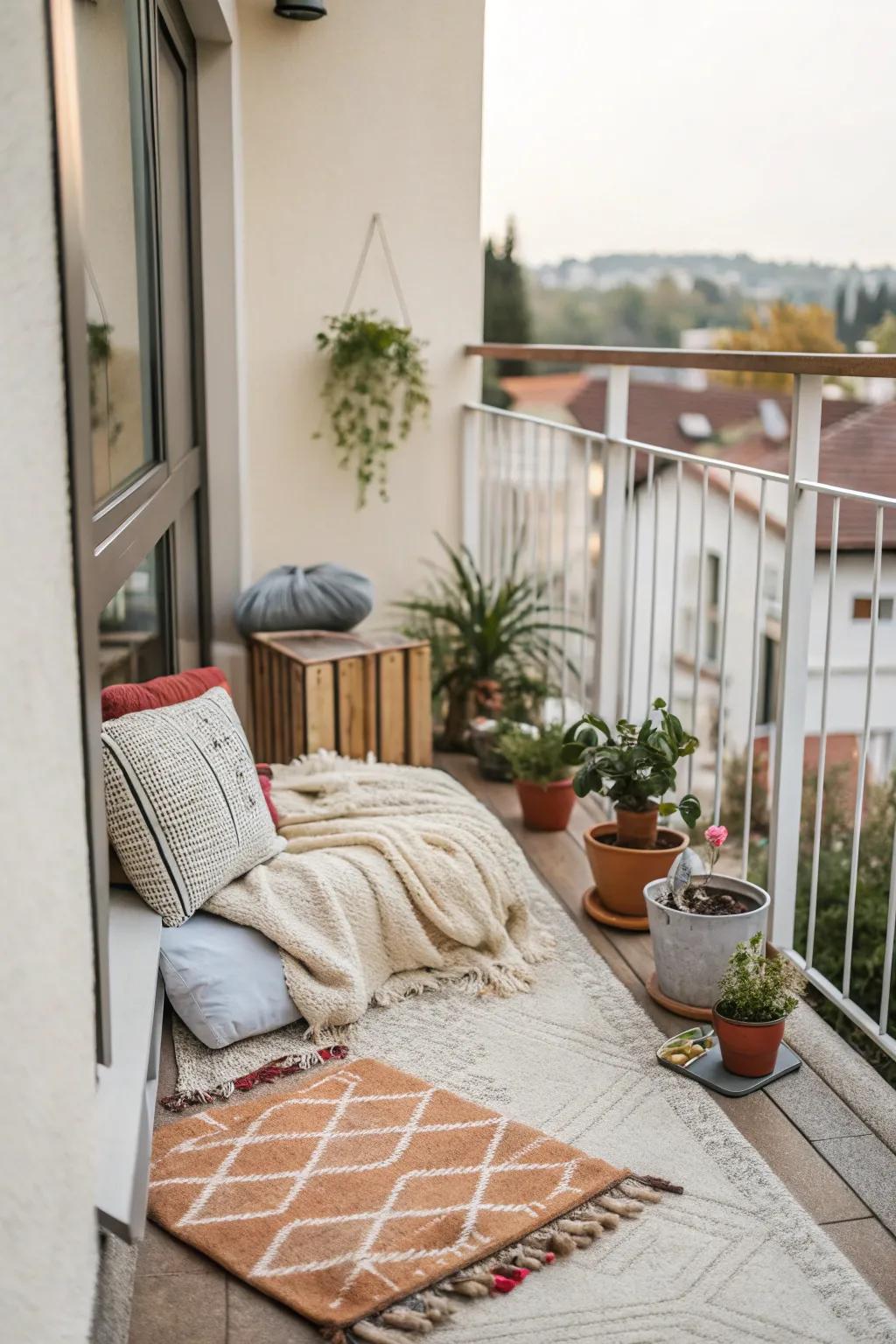 Rugs and textiles bring warmth to small balconies.