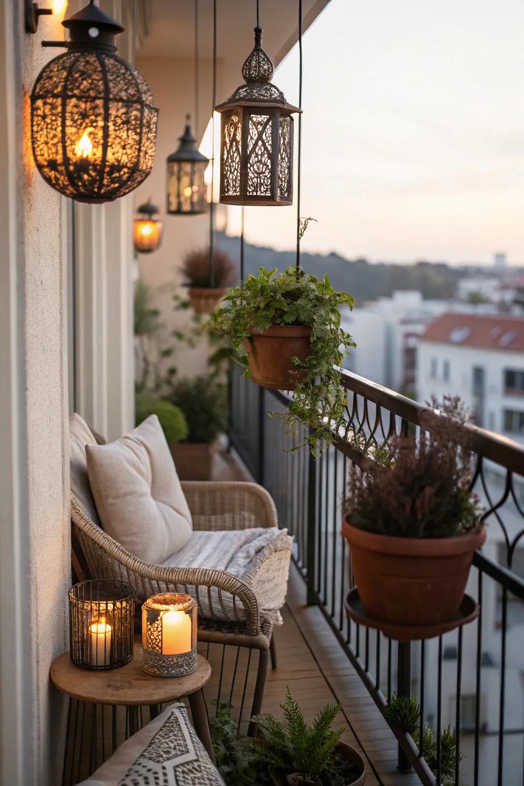 Lanterns provide warm, inviting lighting.