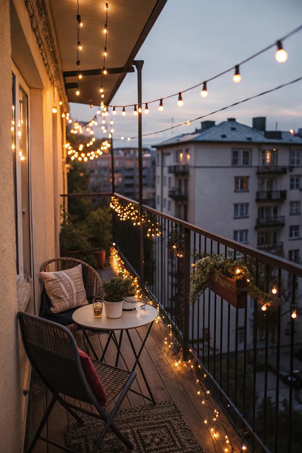 String lights add a magical touch to small balconies.