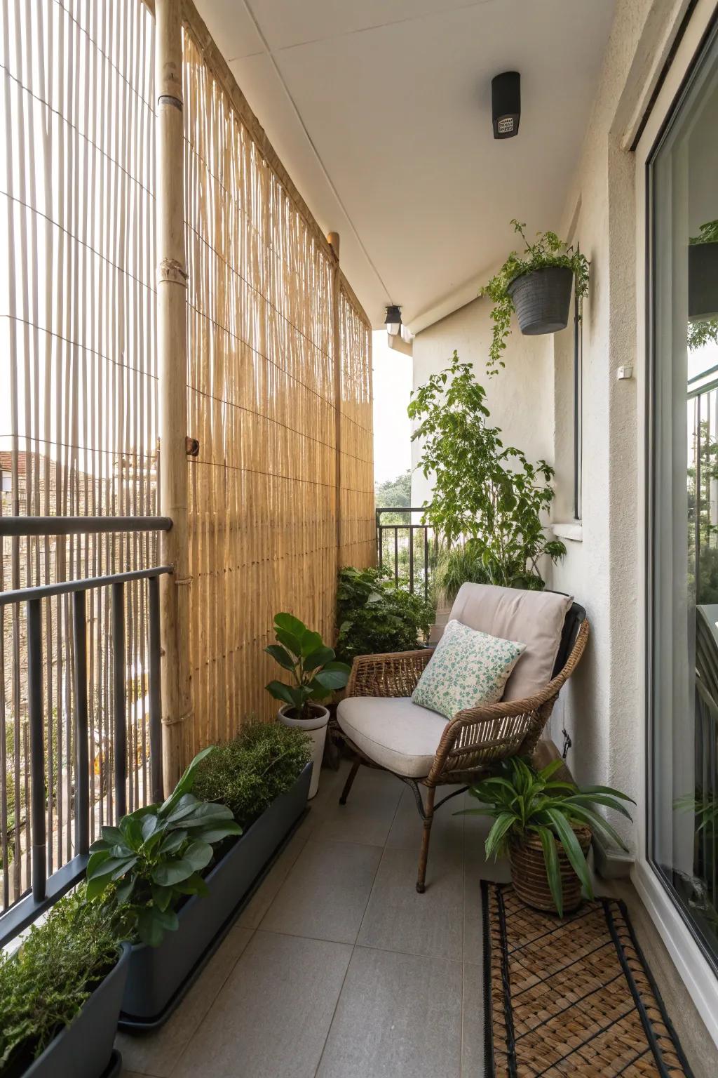 Bamboo screens provide privacy and elegance.