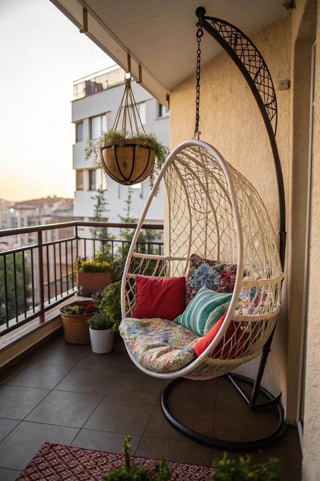 A stylish hanging chair for small balcony relaxation.