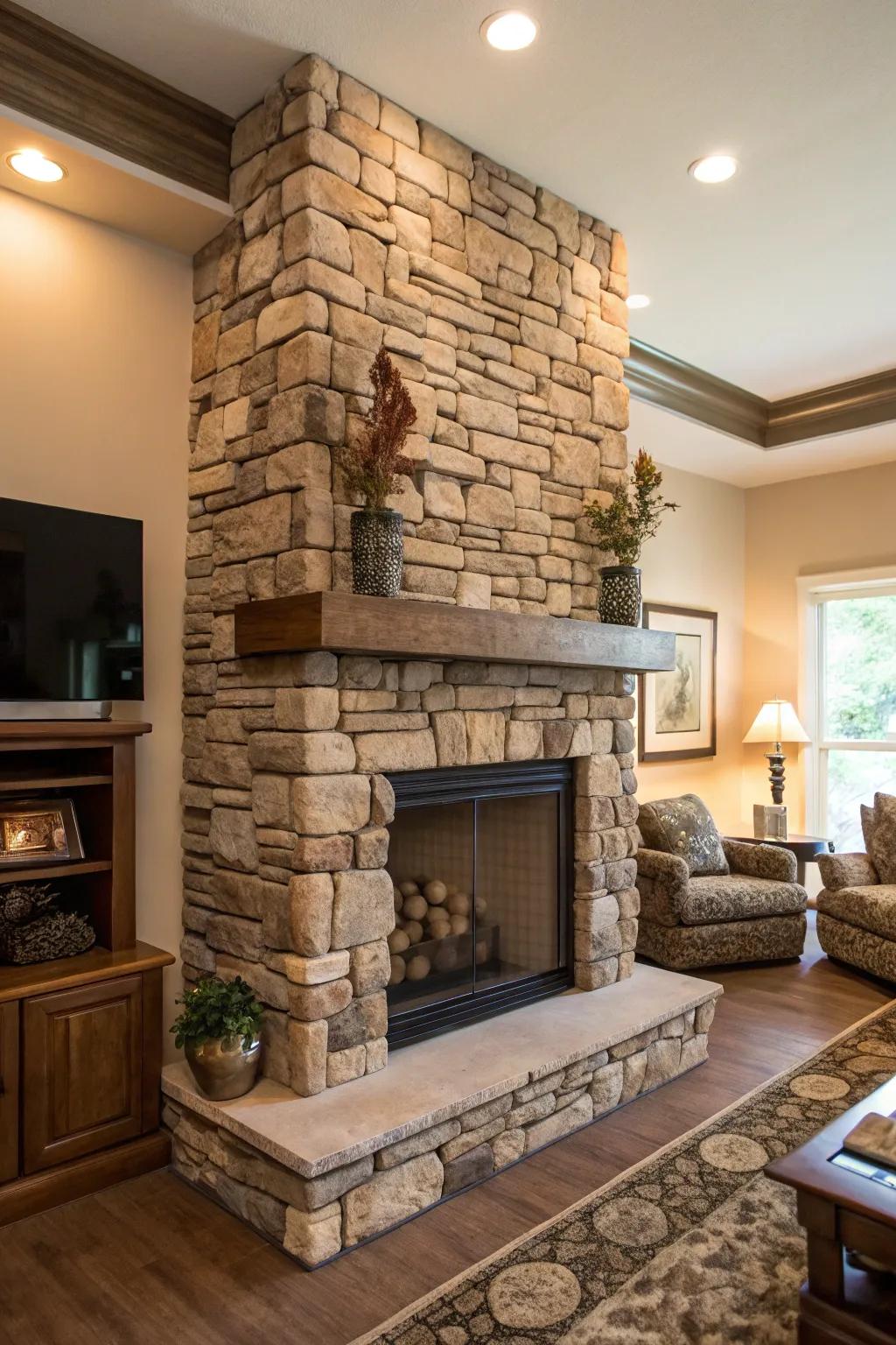 Unique stone arrangement showcasing artistic design on a fireplace.