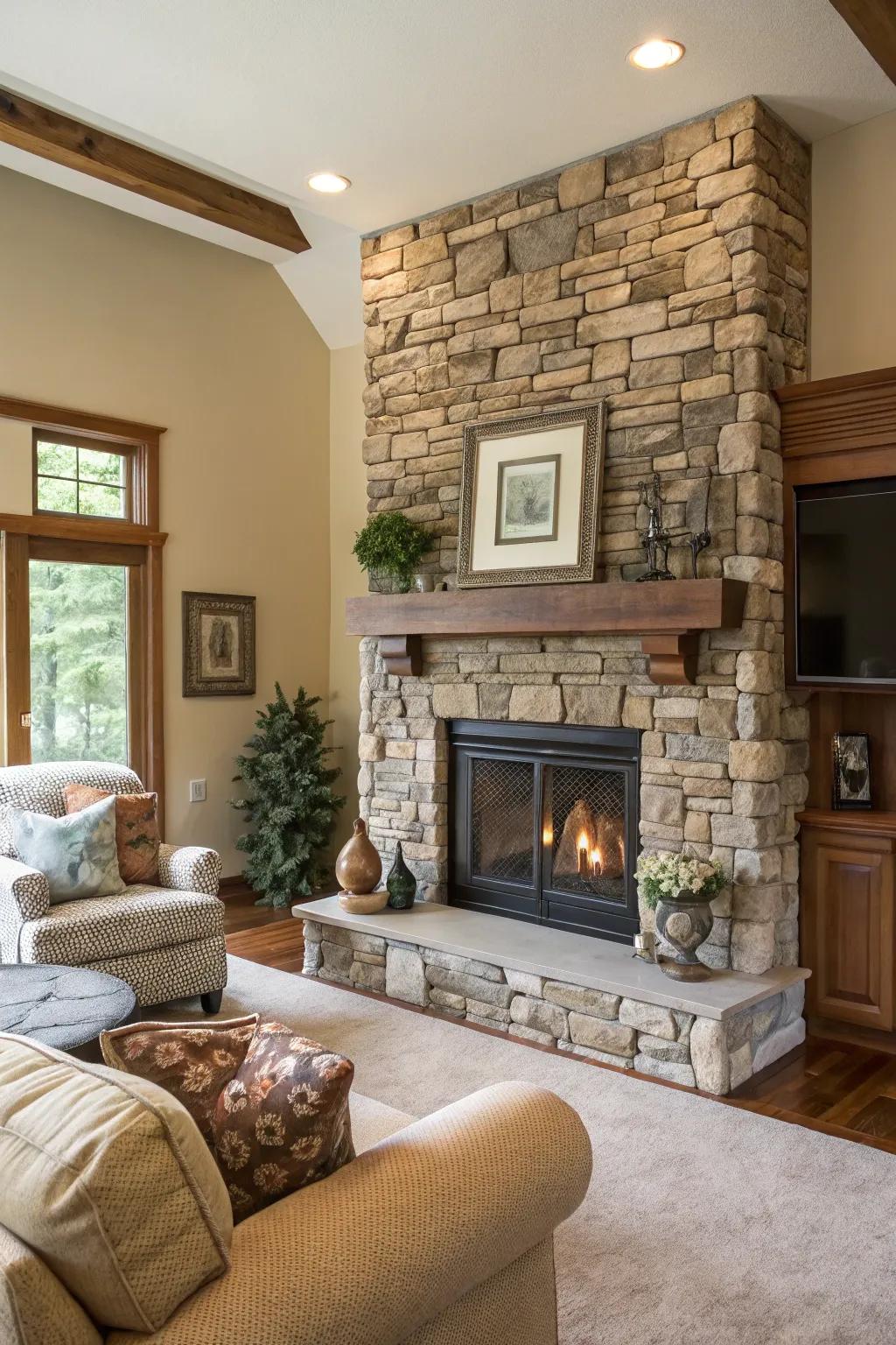 Eclectic combination of different stone types for a lively fireplace design.