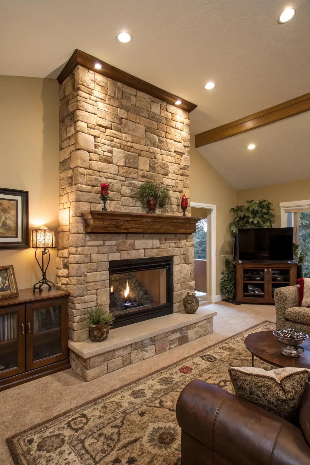 Bold stone accents creating a striking fireplace focal point.