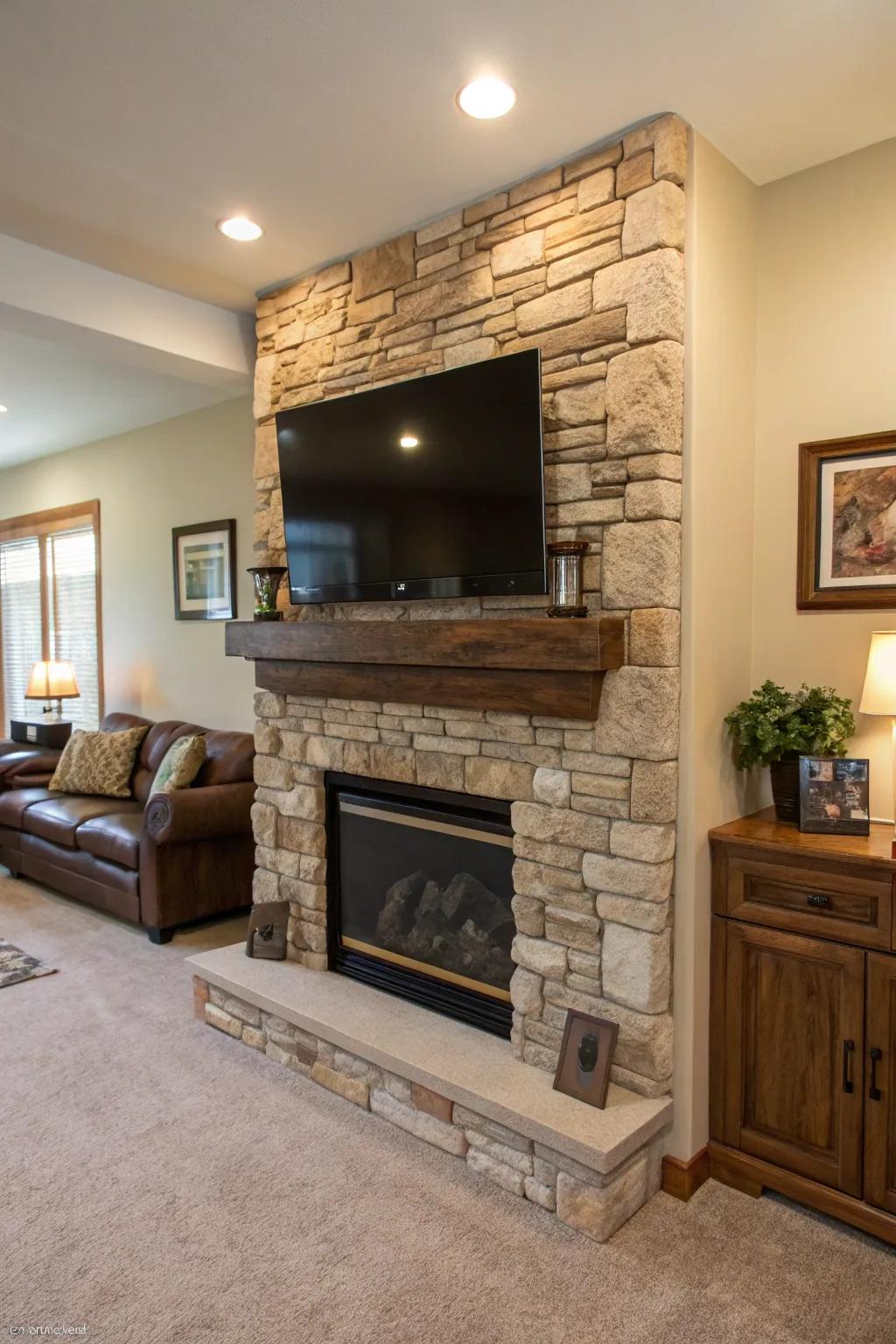 Stacked stone fireplace with integrated entertainment setup.