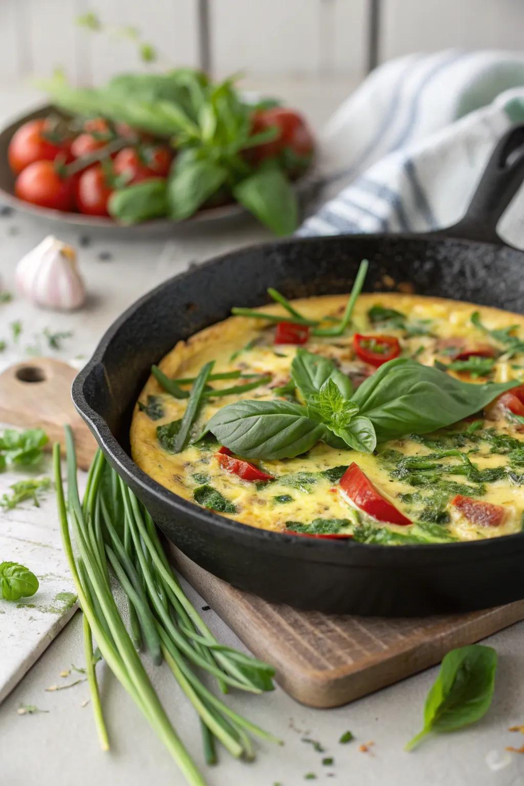 A vibrant frittata infused with fresh herbs and vegetables.