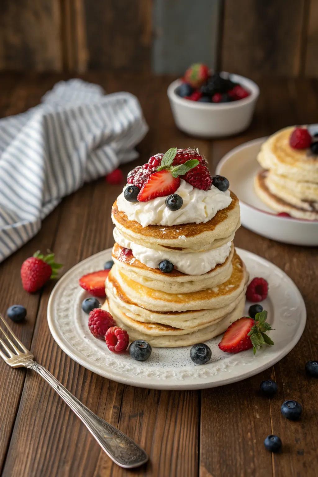 A stacked pancake cake adorned with fresh berries and cream cheese frosting.