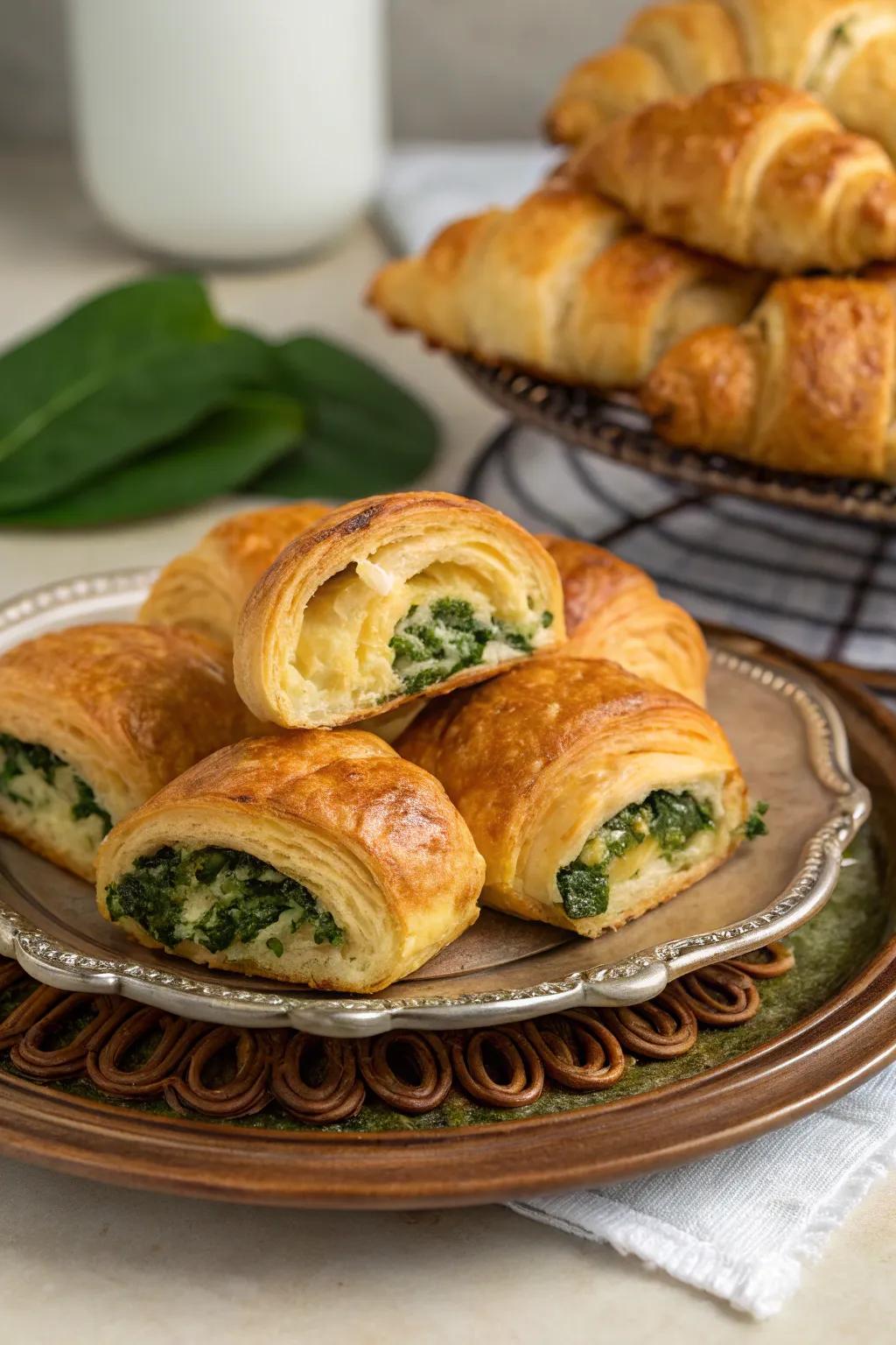 Golden spinach and cheese croissants with a flaky crust.