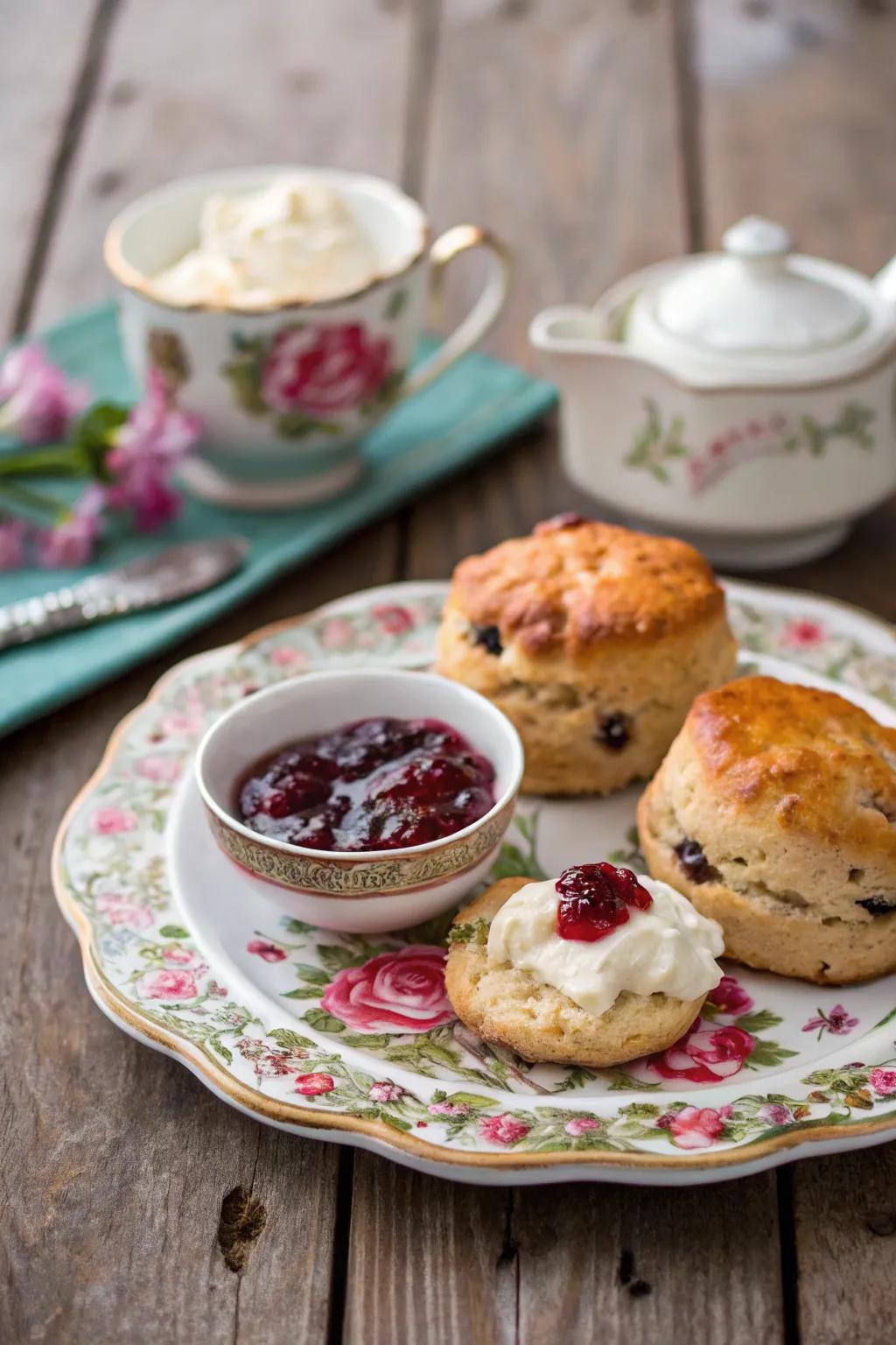 Freshly baked scones served with jam and clotted cream.
