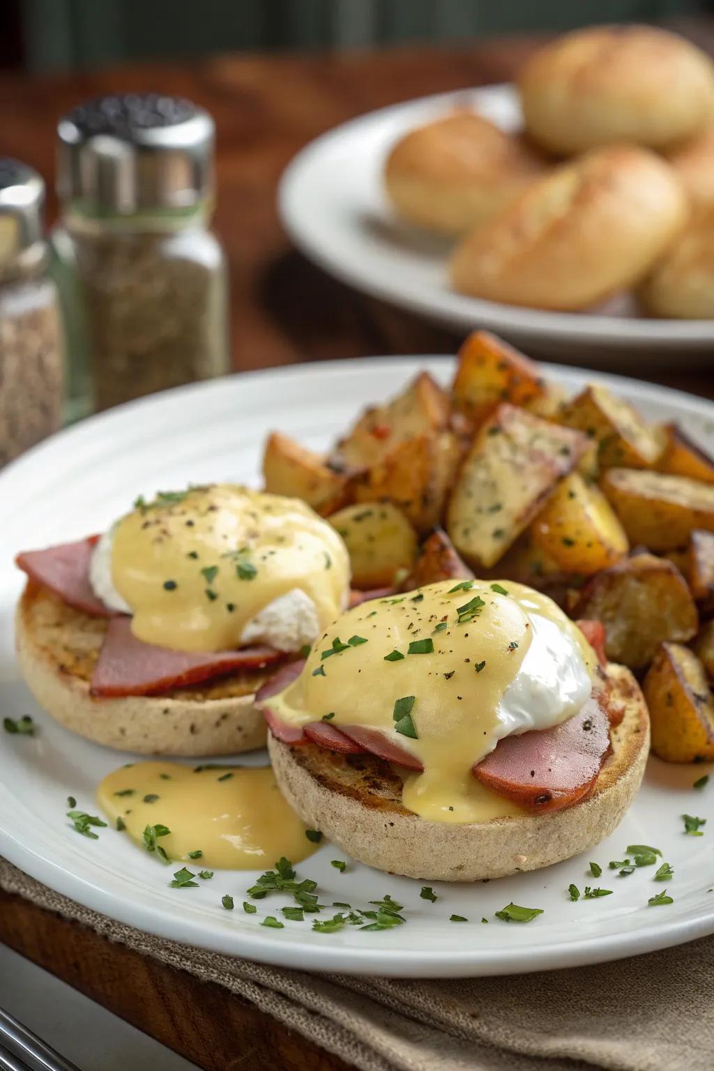 Classic Eggs Benedict with poached eggs and hollandaise sauce.