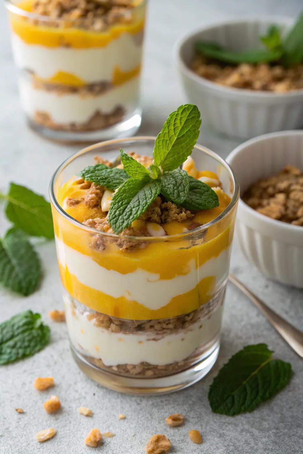A layered mango passionfruit parfait with yogurt and granola.