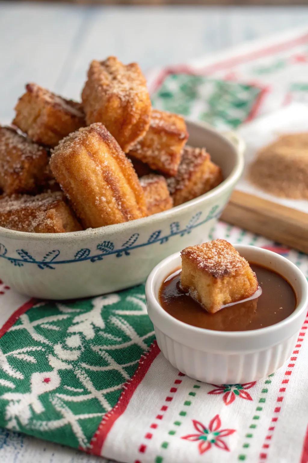 Crispy French toast bites coated in cinnamon sugar.