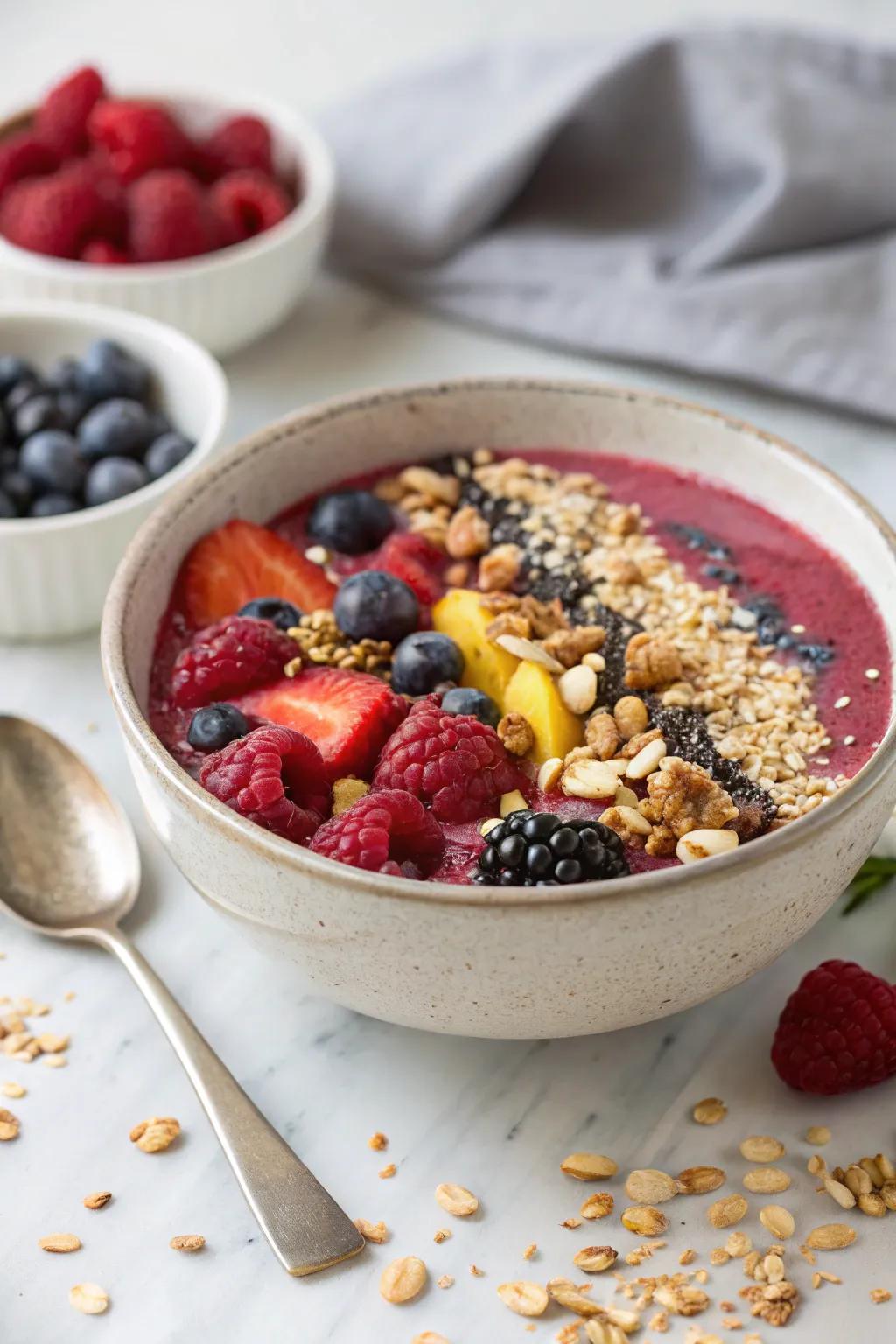 Colorful berry smoothie bowls topped with granola and seeds.