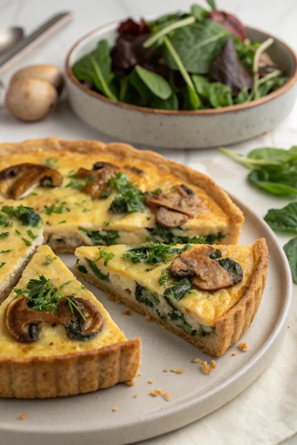 A rich and savory quiche filled with spinach and mushrooms.