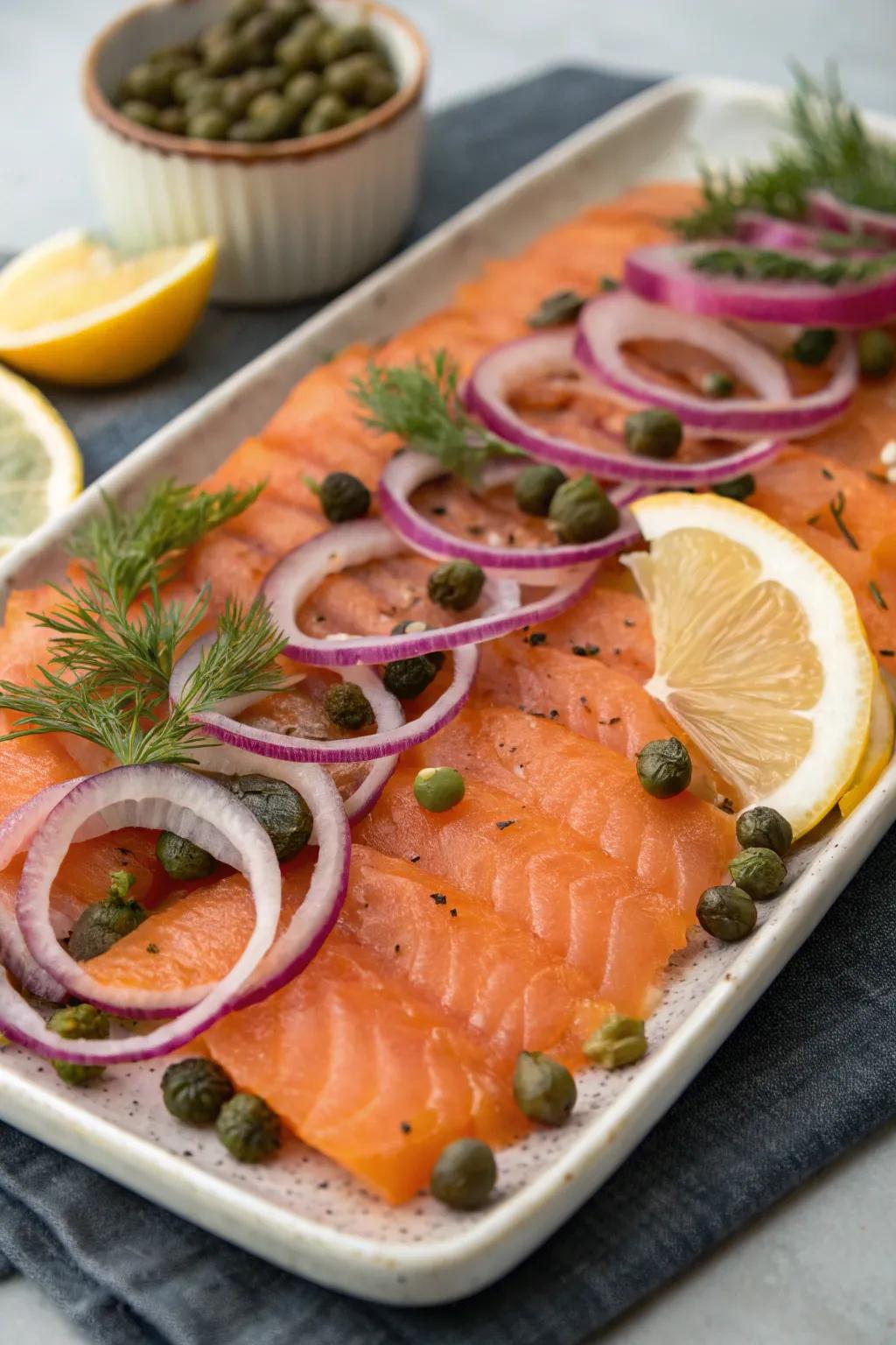 A refined smoked salmon platter with garnishes.