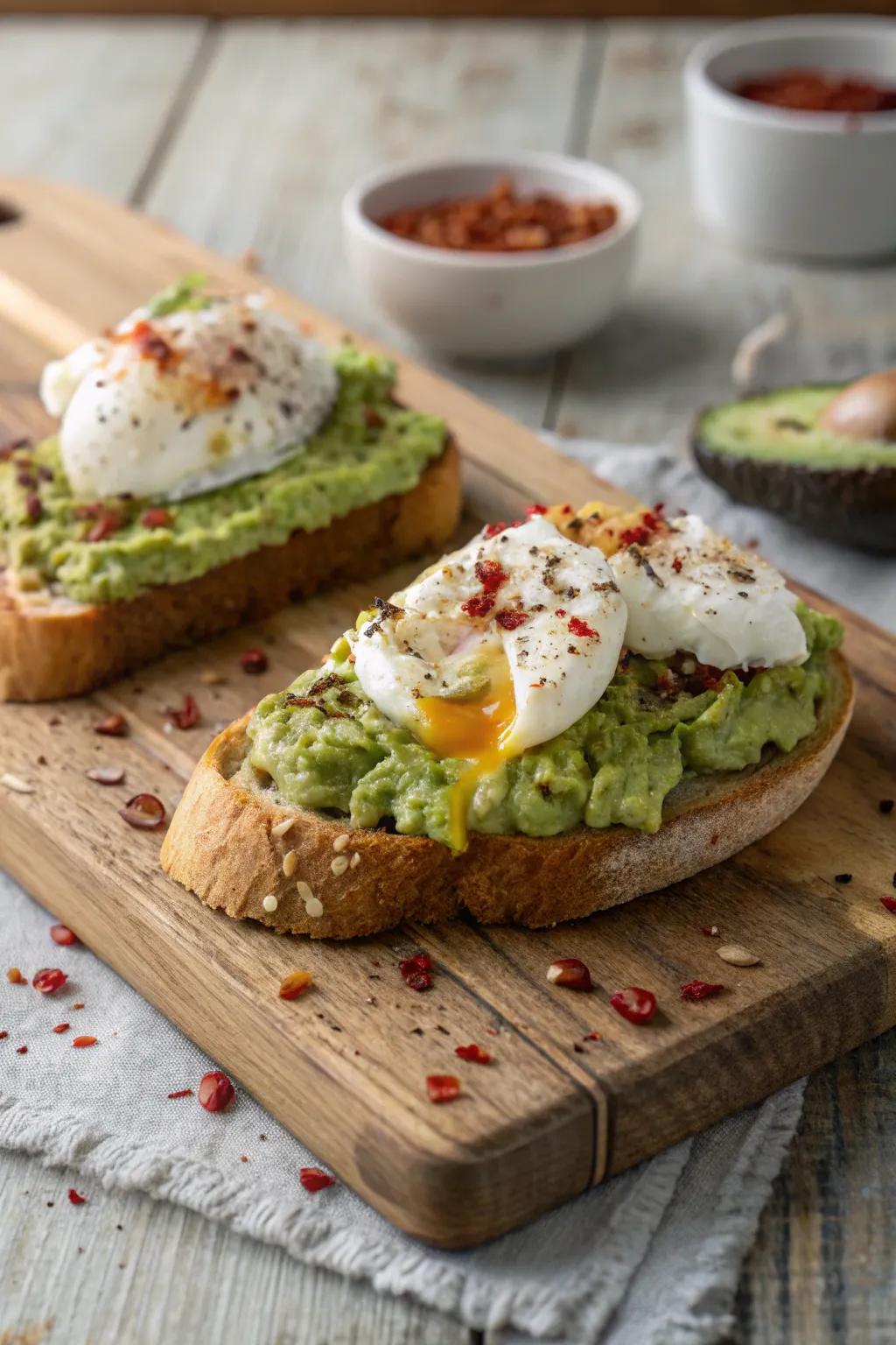 Gourmet avocado toast topped with poached eggs and chili flakes.