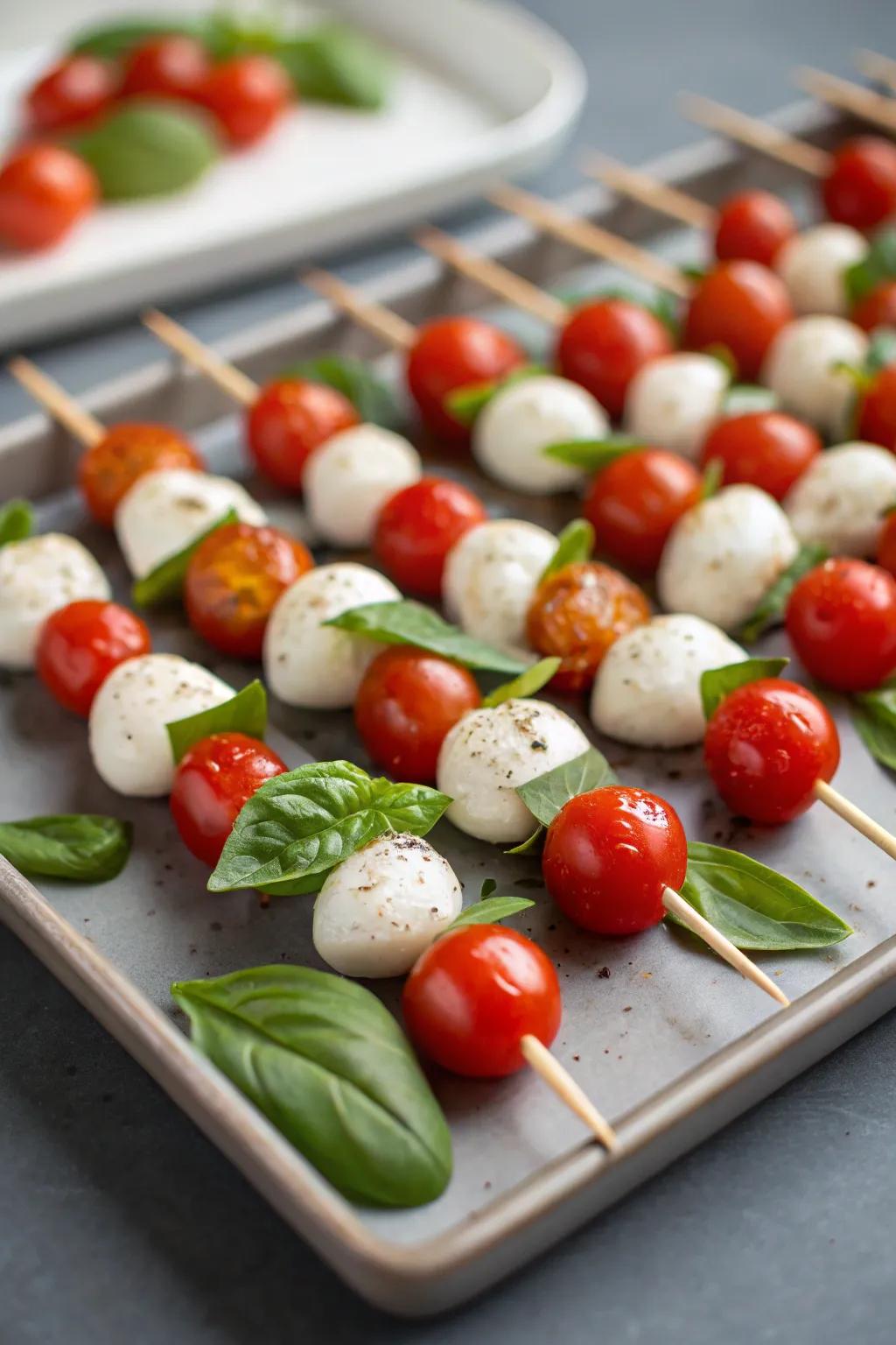 Mini caprese skewers with cherry tomatoes, mozzarella, and basil.
